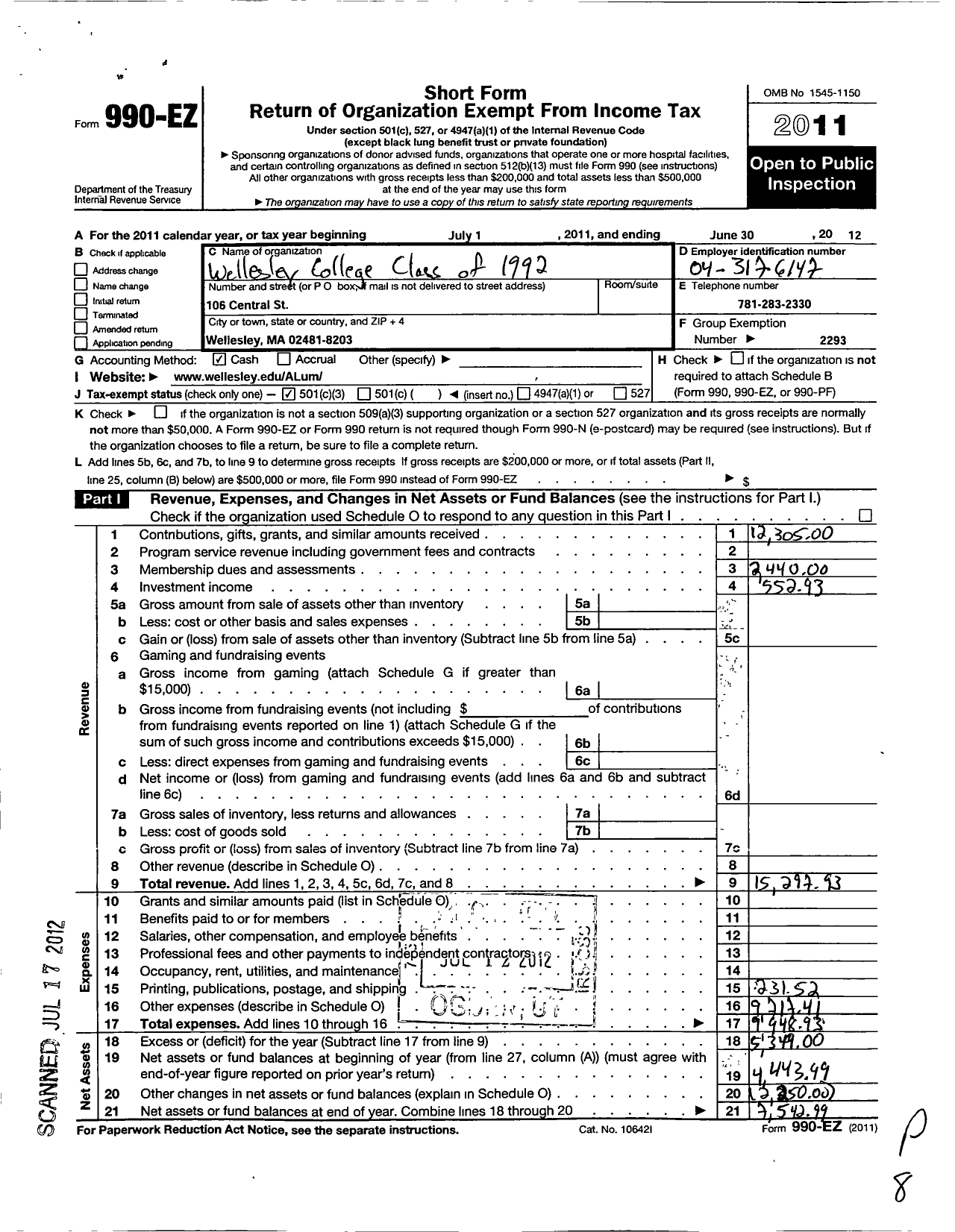 Image of first page of 2011 Form 990EZ for Wellesley College Alumnae Association - 1992 Class