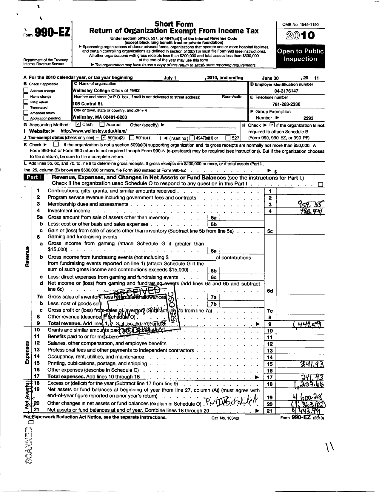 Image of first page of 2010 Form 990EZ for Wellesley College Alumnae Association - 1992 Class