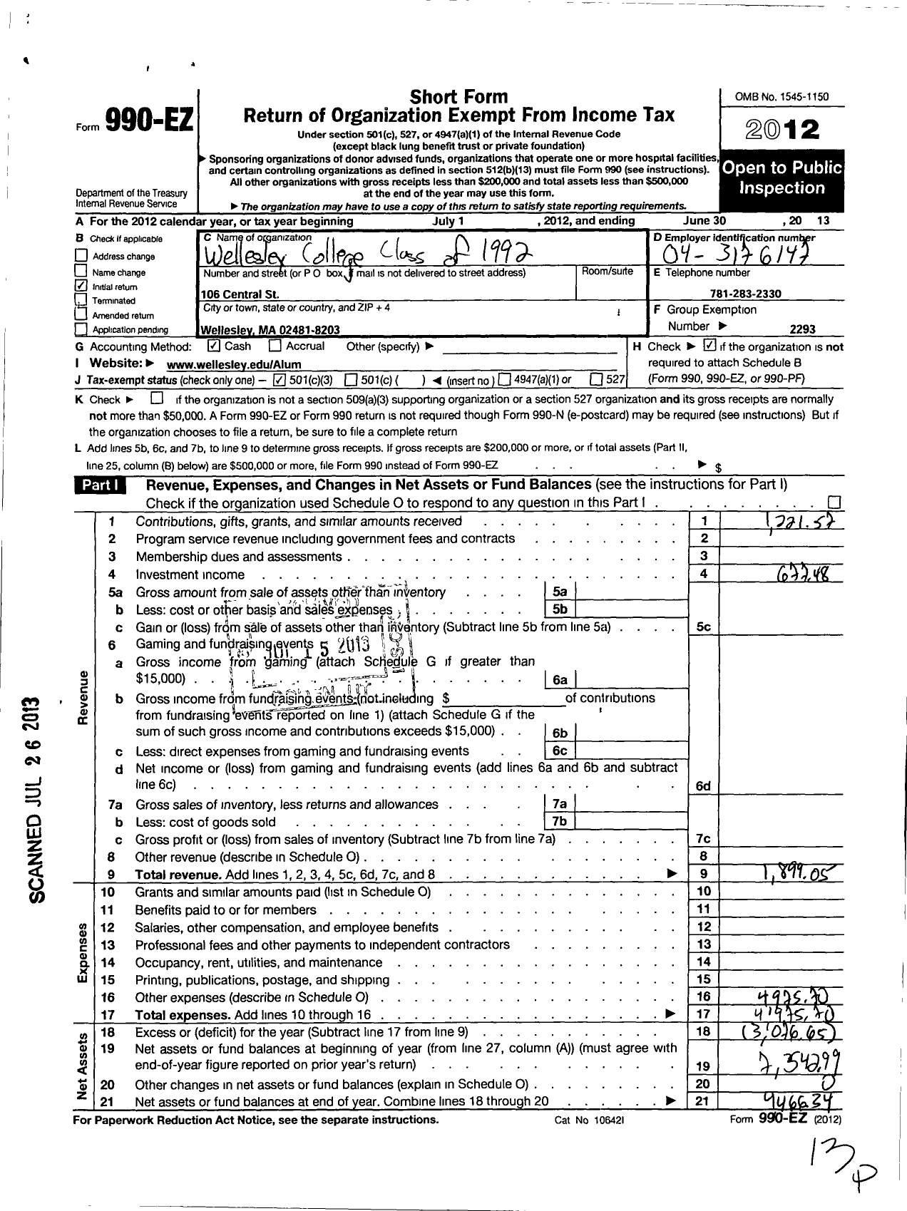 Image of first page of 2012 Form 990EZ for Wellesley College Alumnae Association - 1992 Class