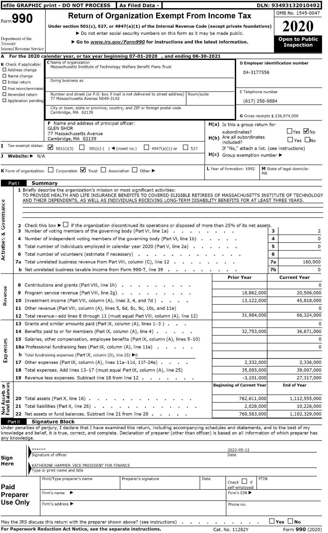 Image of first page of 2020 Form 990 for Massachusetts Institute of Technology Welfare Benefit Plans Trust