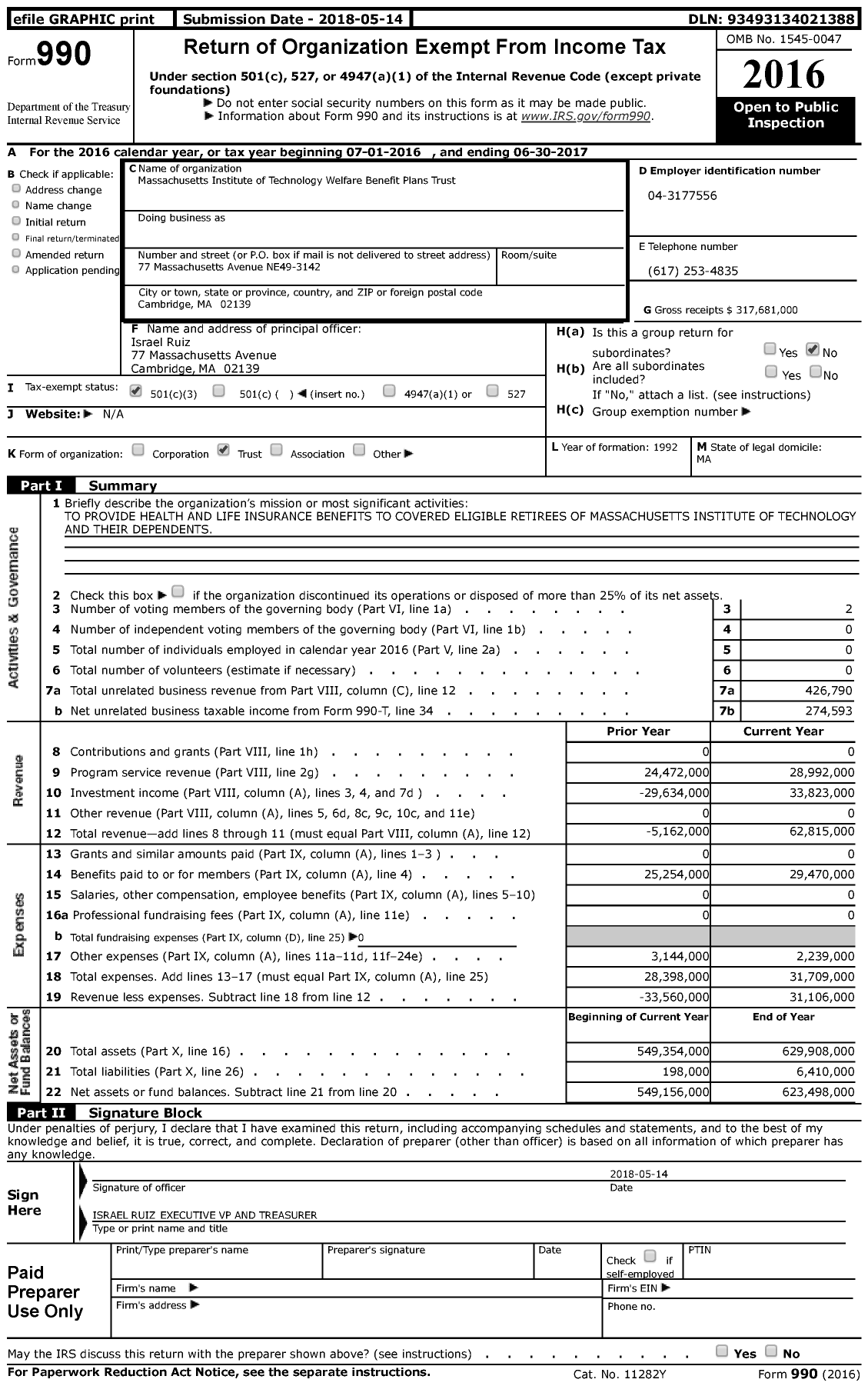 Image of first page of 2016 Form 990 for Massachusetts Institute of Technology Welfare Benefit Plans Trust