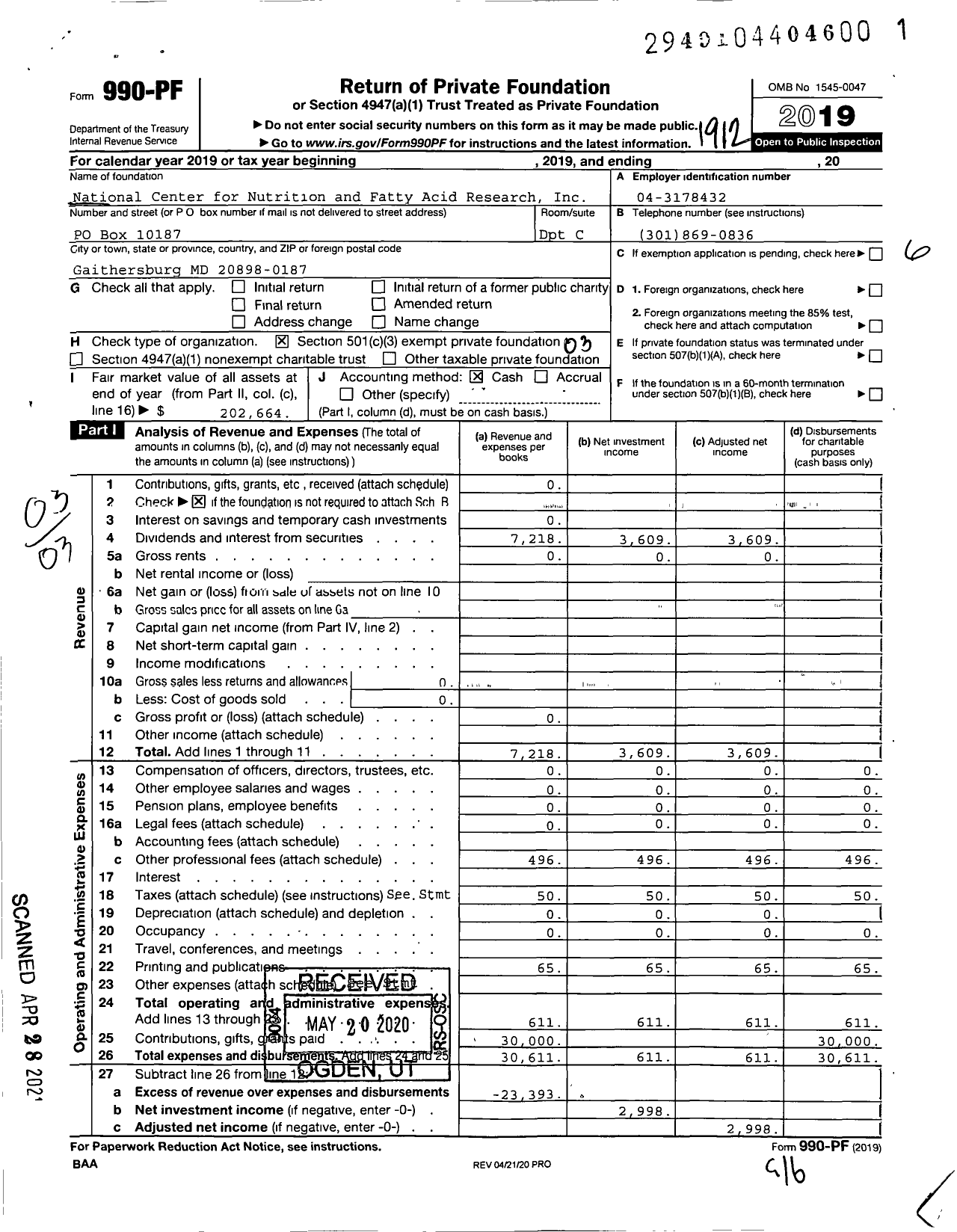 Image of first page of 2019 Form 990PF for National Center for Nutrition and Fatty Acid Research