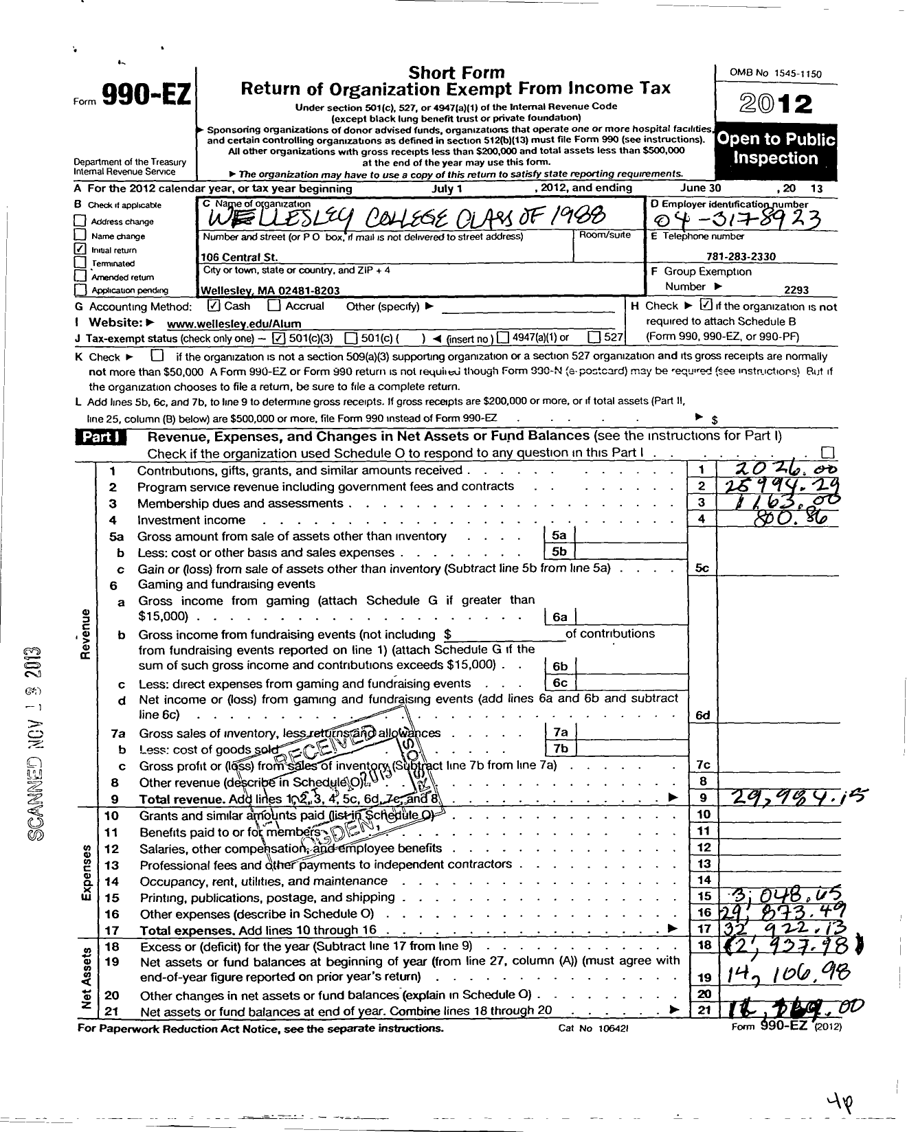 Image of first page of 2012 Form 990EZ for Wellesley College Alumnae Association - 1988 Class