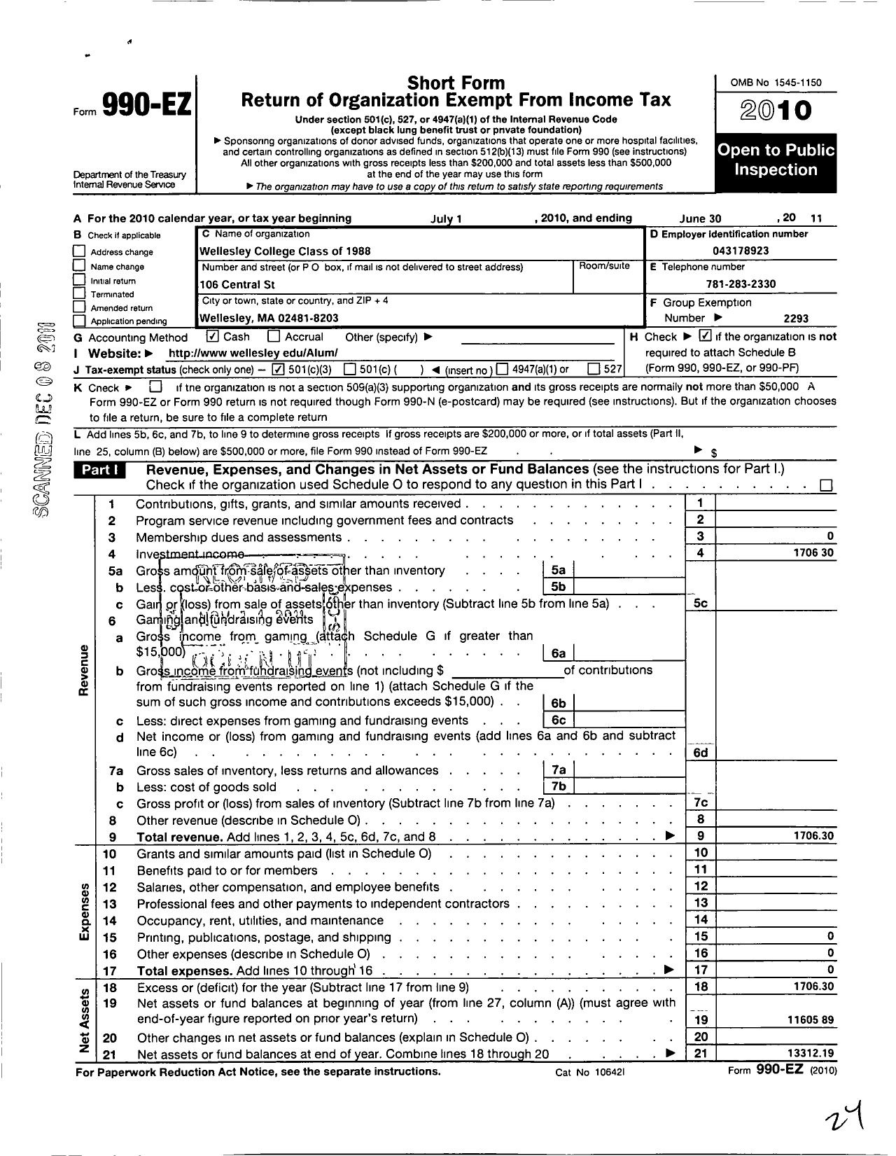 Image of first page of 2010 Form 990EZ for Wellesley College Alumnae Association - 1988 Class