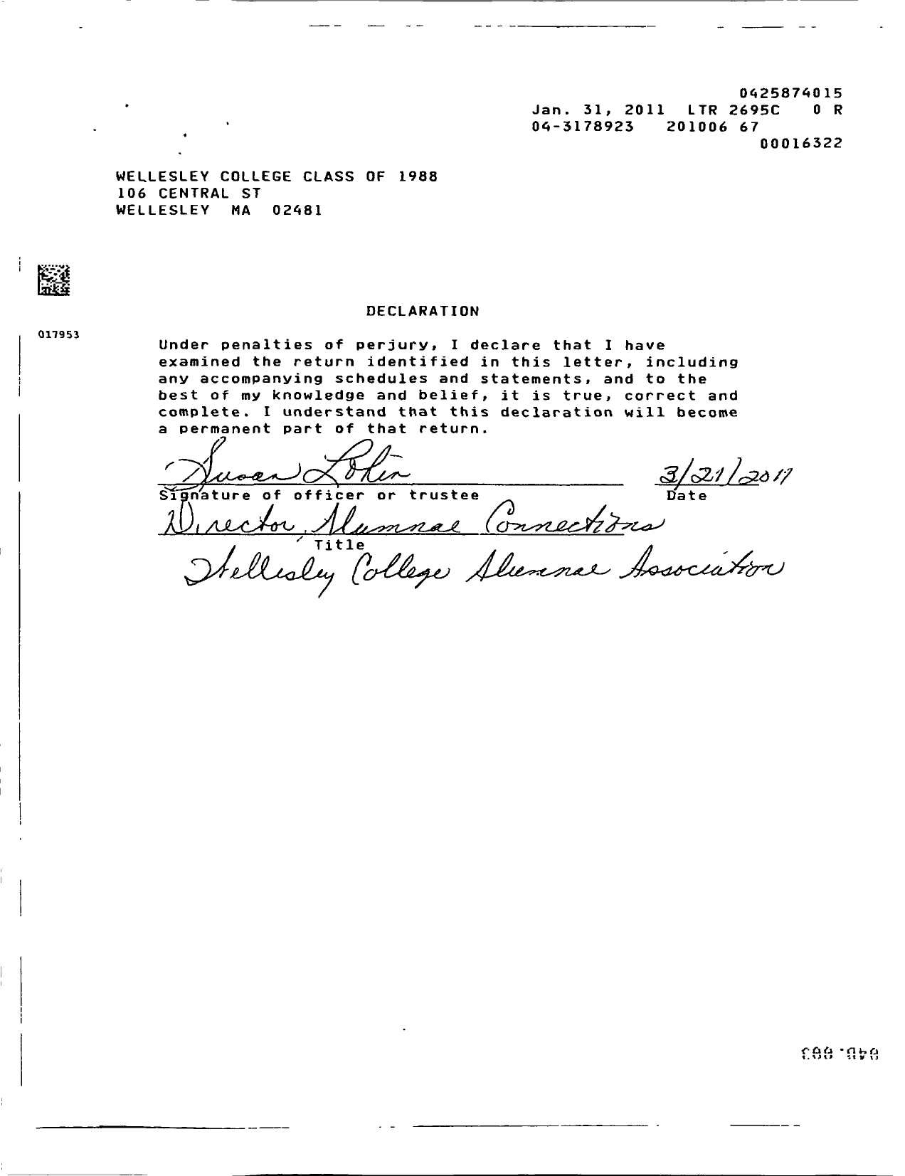 Image of first page of 2009 Form 990ER for Wellesley College Alumnae Association - 1988 Class