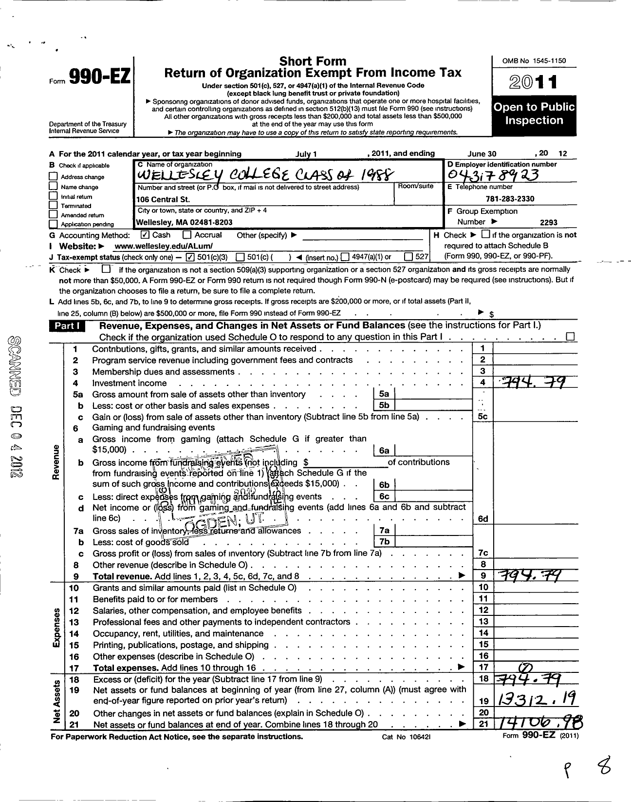 Image of first page of 2011 Form 990EZ for Wellesley College Alumnae Association - 1988 Class