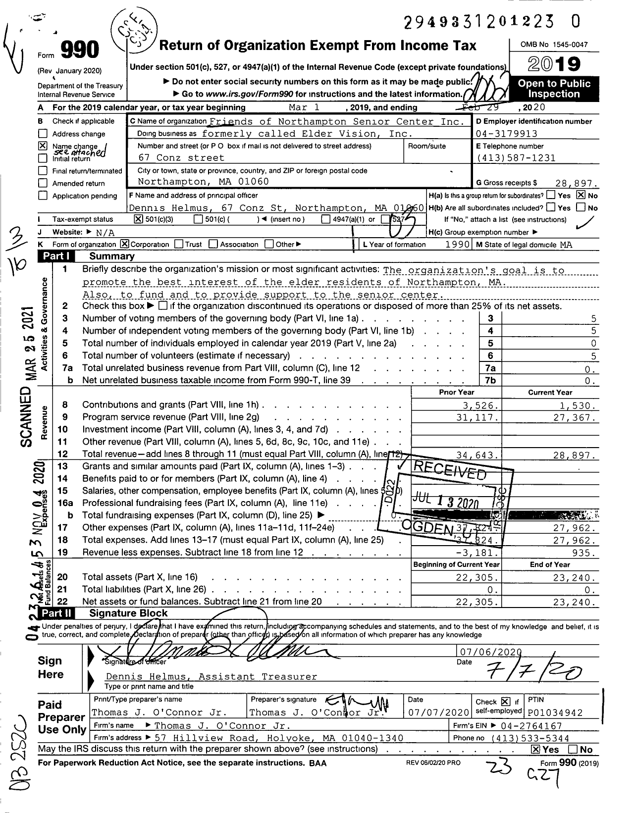 Image of first page of 2019 Form 990 for Friends of Northampton Senior Center