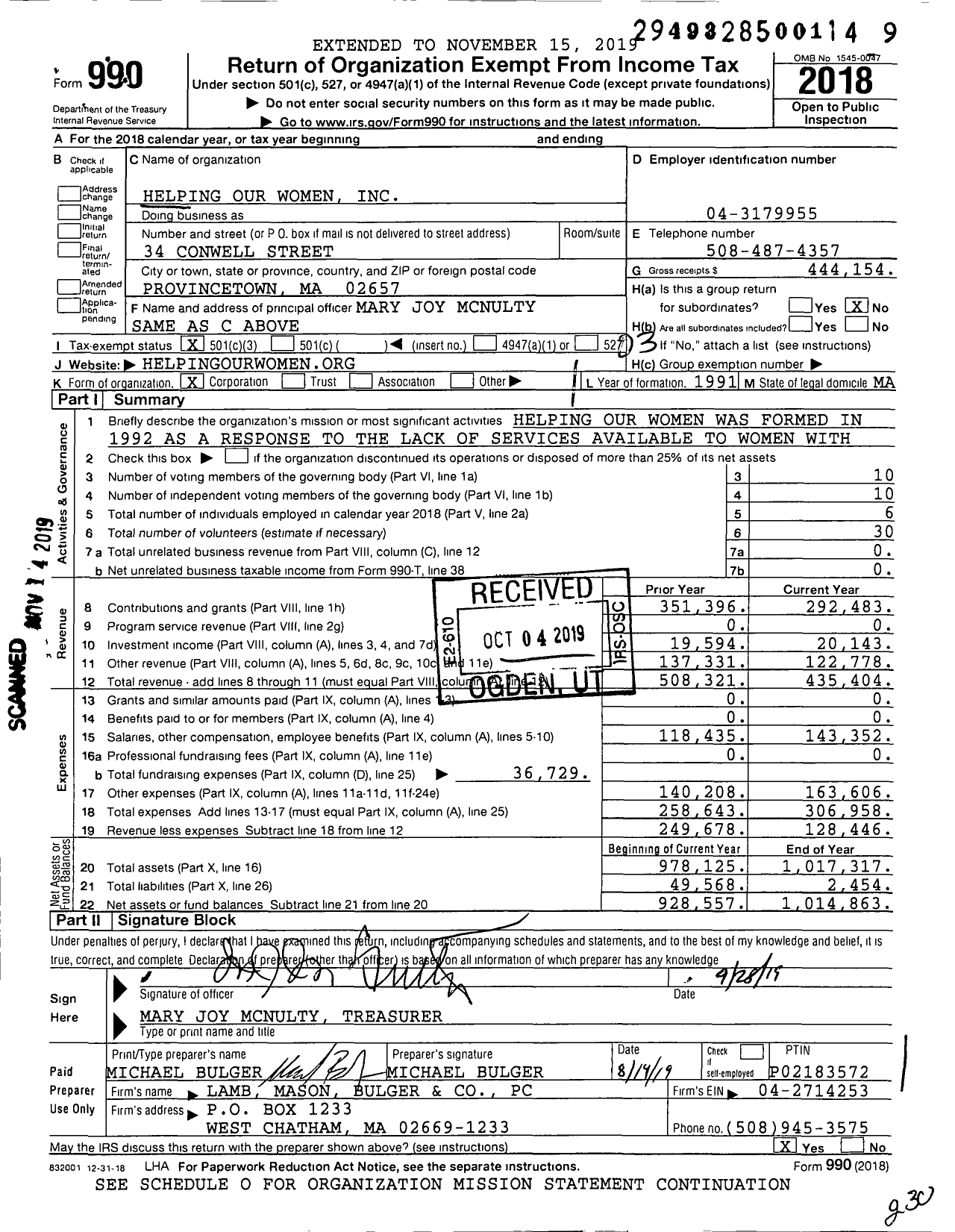 Image of first page of 2018 Form 990 for Helping Our Women