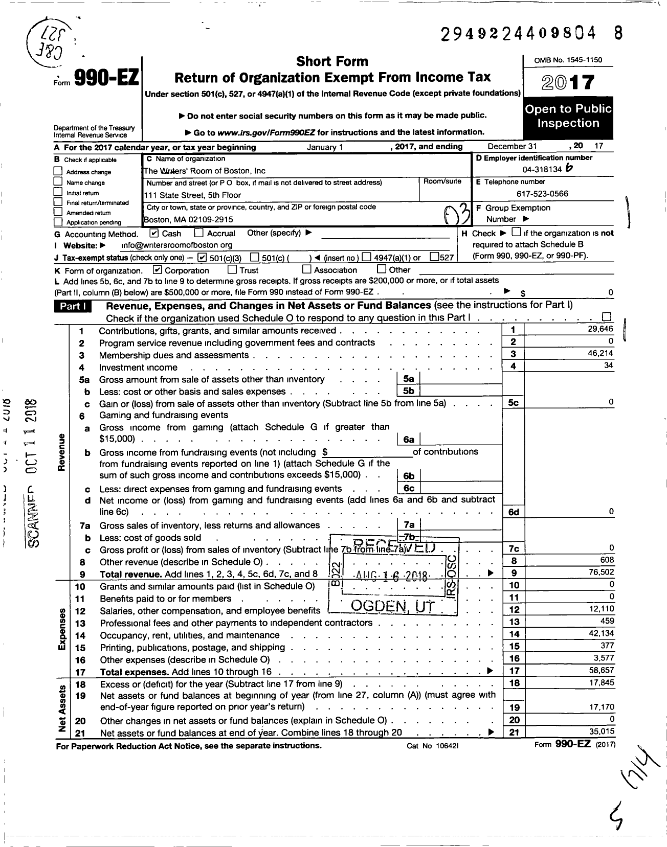 Image of first page of 2017 Form 990EZ for The Writers' Room of Boston