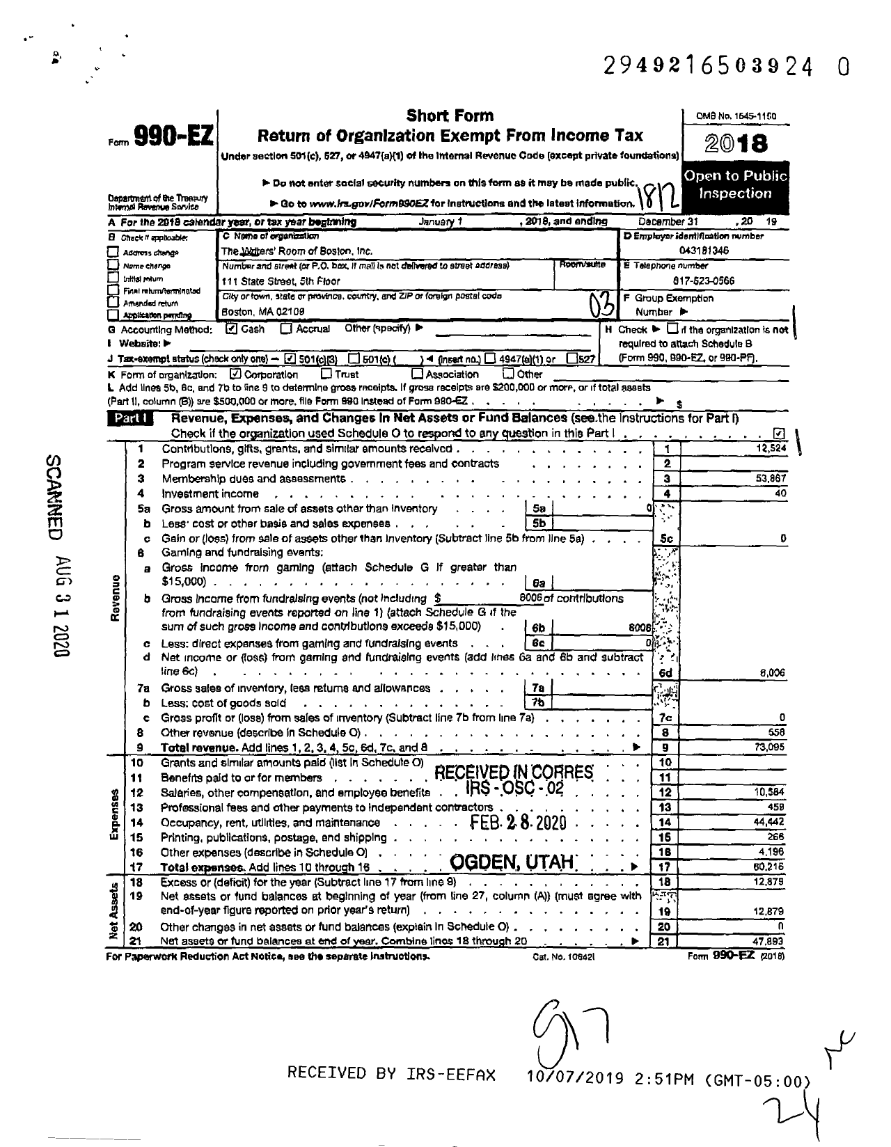 Image of first page of 2018 Form 990EZ for The Writers' Room of Boston