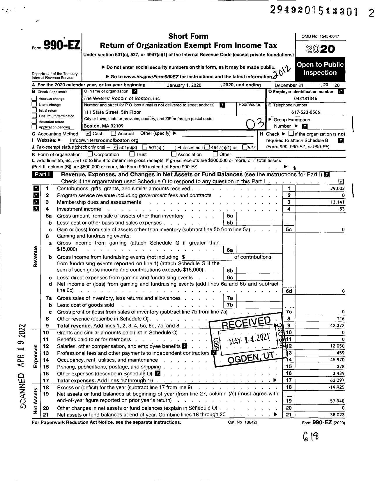 Image of first page of 2020 Form 990EZ for The Writers' Room of Boston