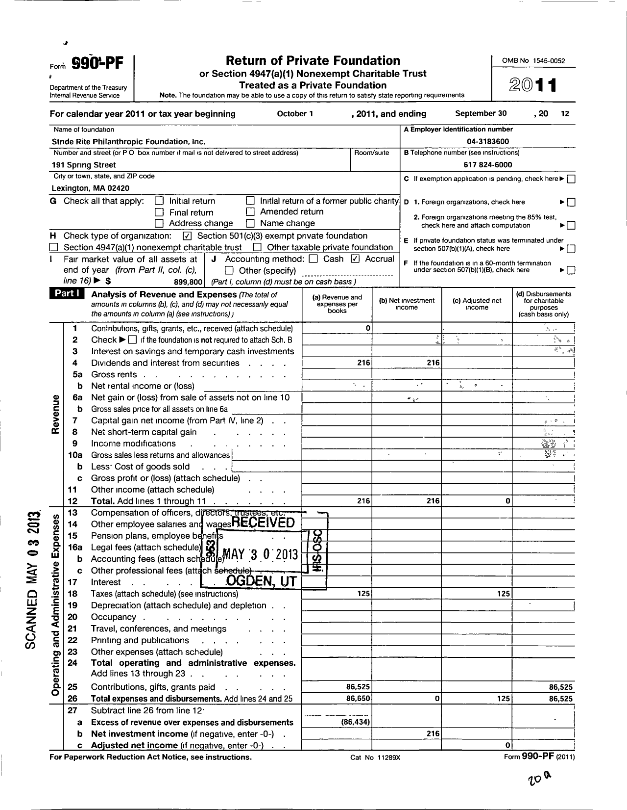 Image of first page of 2011 Form 990PF for Stride Rite Philanthropic Foundation