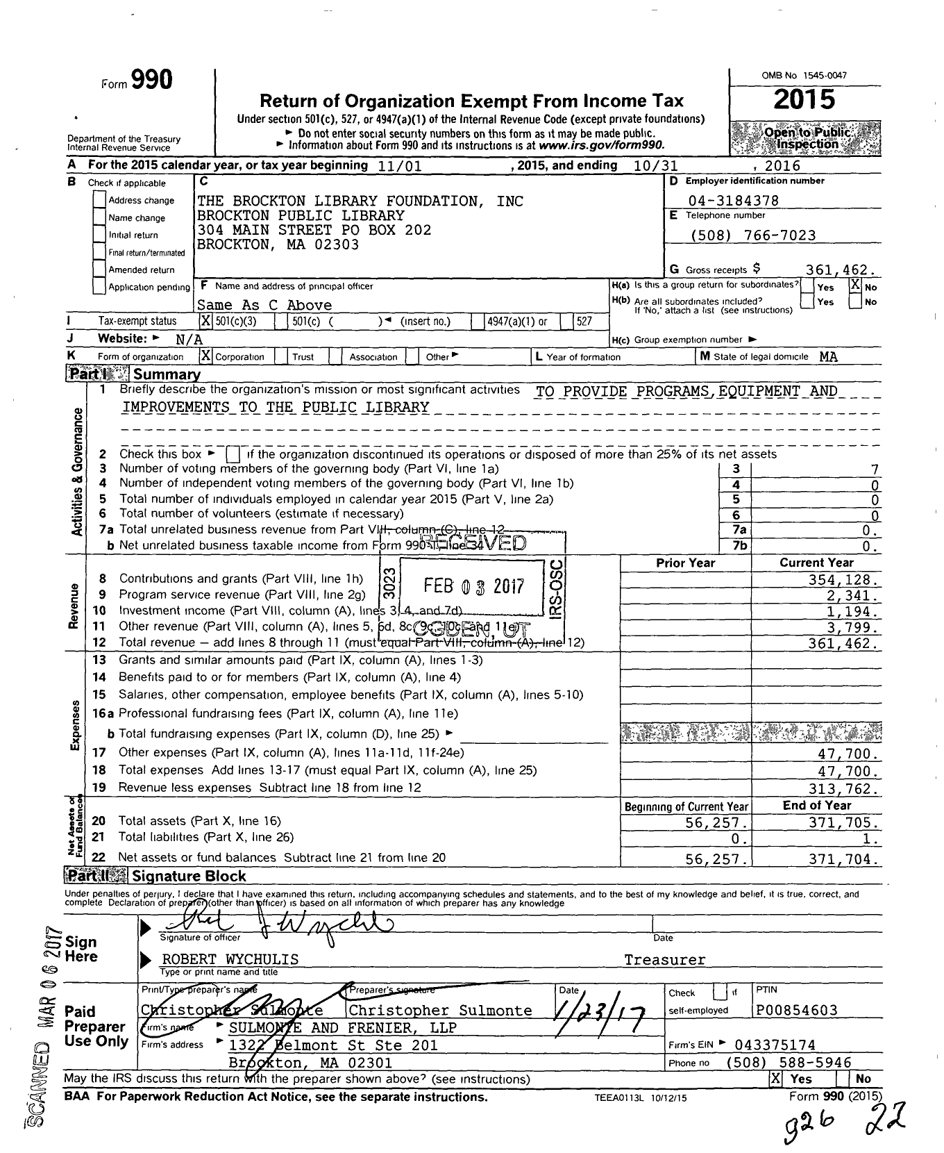 Image of first page of 2015 Form 990 for Brockton Library Foundation