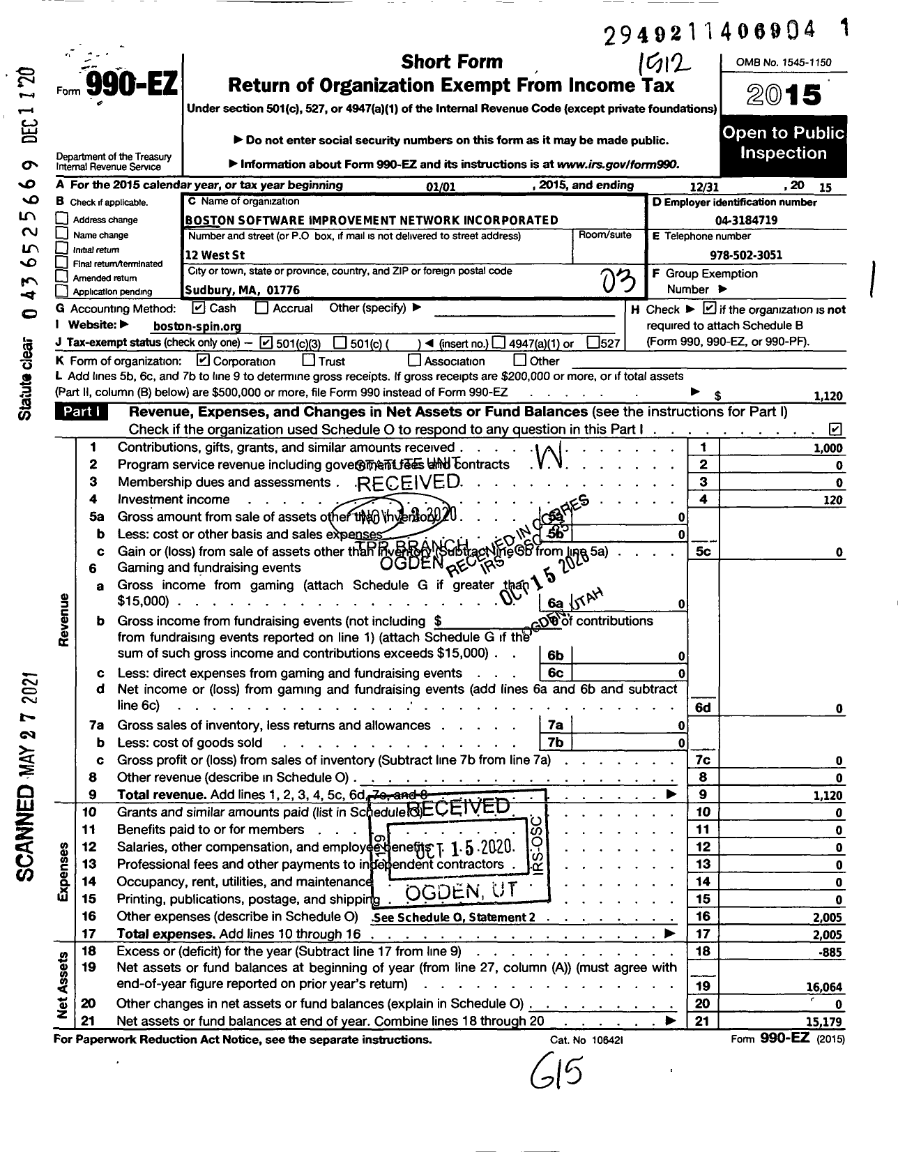 Image of first page of 2015 Form 990EZ for Boston Software Process Improvement Netwrok Incorporated