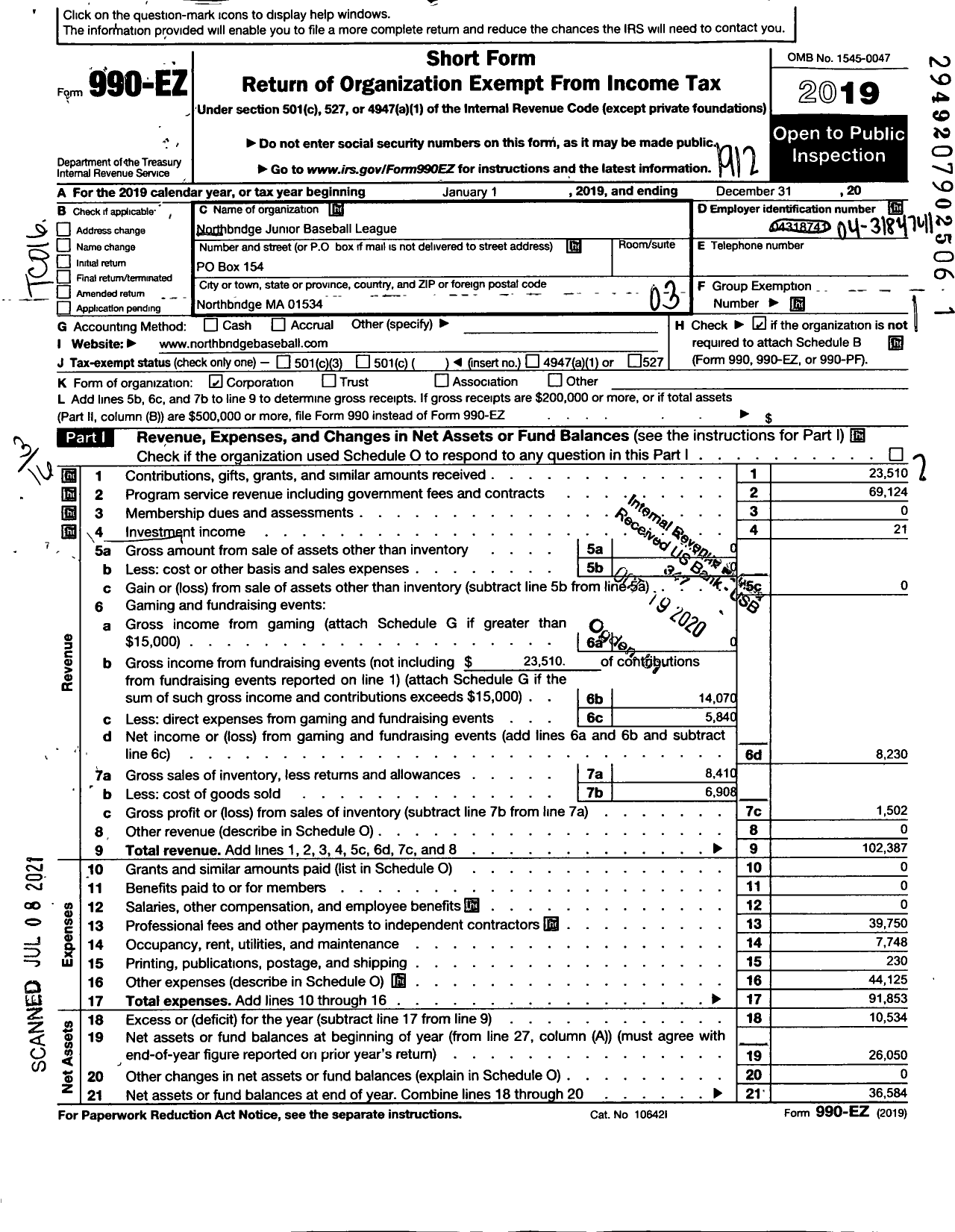 Image of first page of 2019 Form 990EZ for Northbridge Junior Baseball League