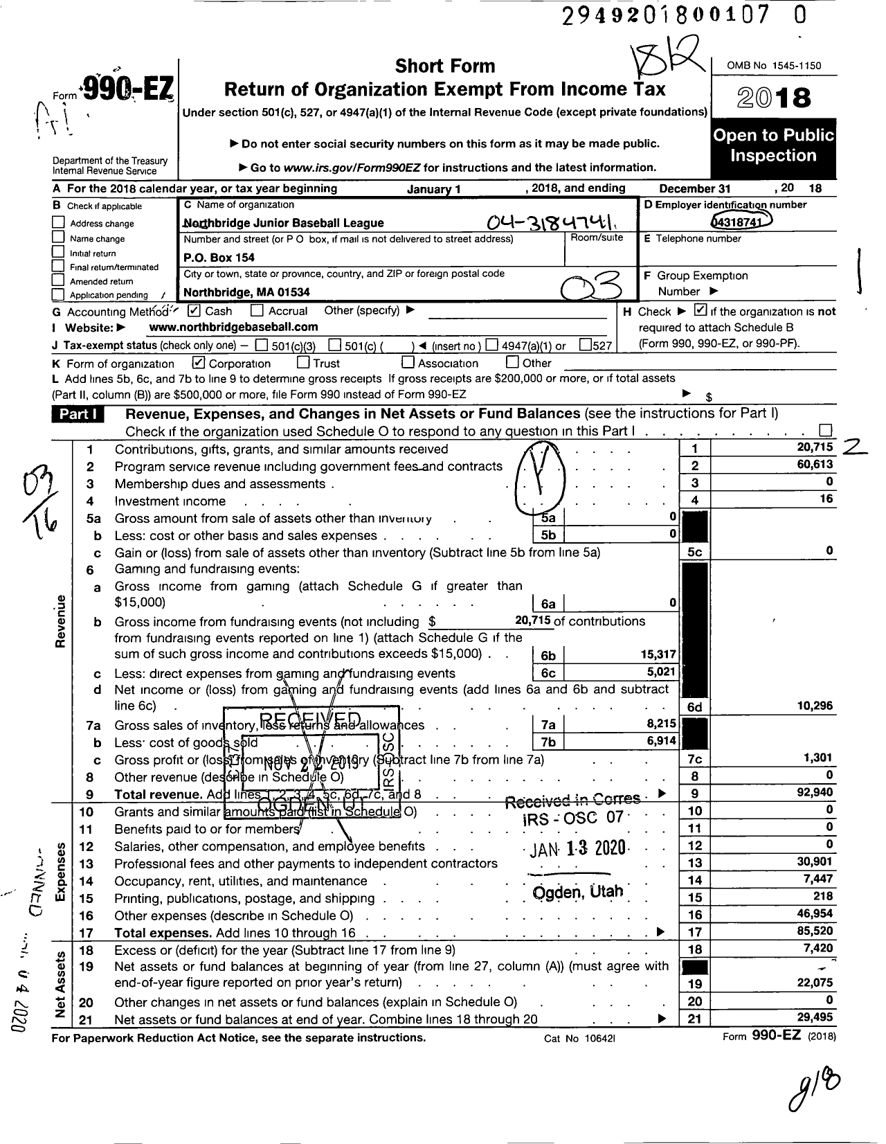 Image of first page of 2018 Form 990EZ for Northbridge Junior Baseball League