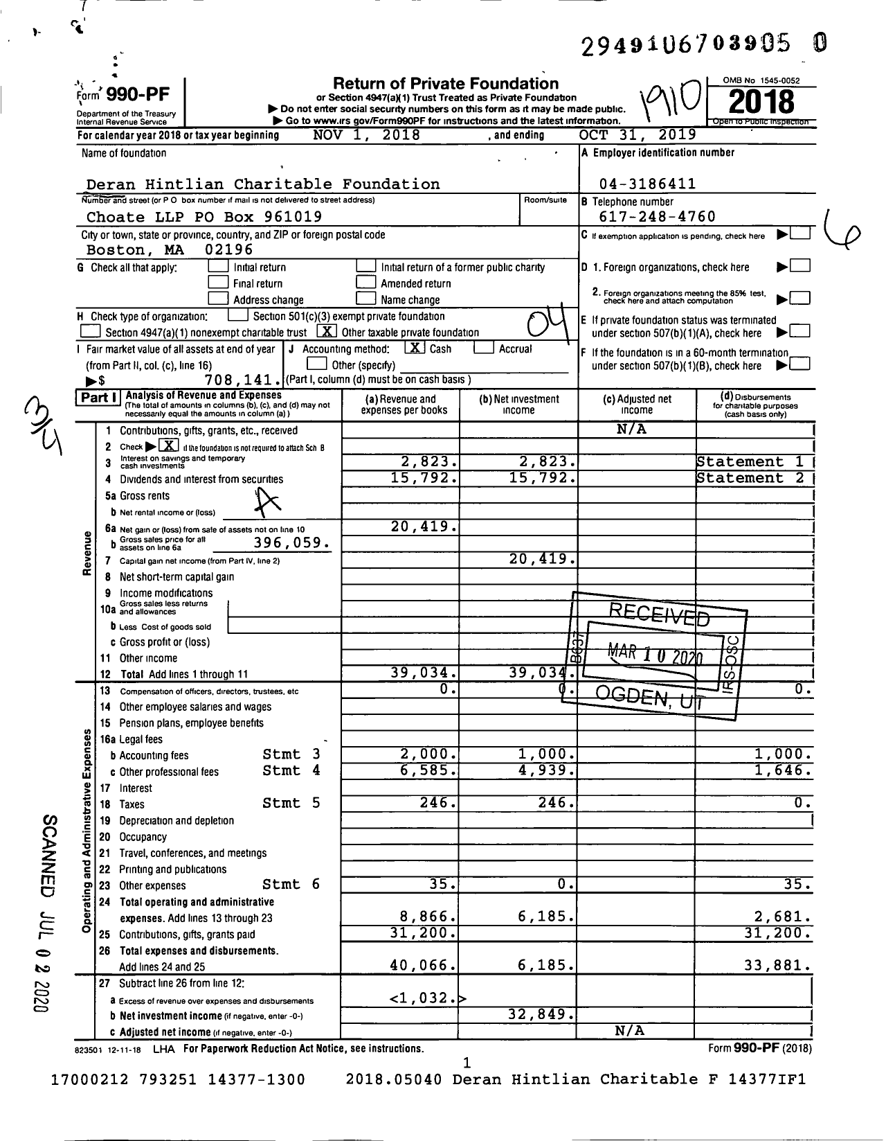 Image of first page of 2018 Form 990PR for Deran Hintlian Charitable Foundation