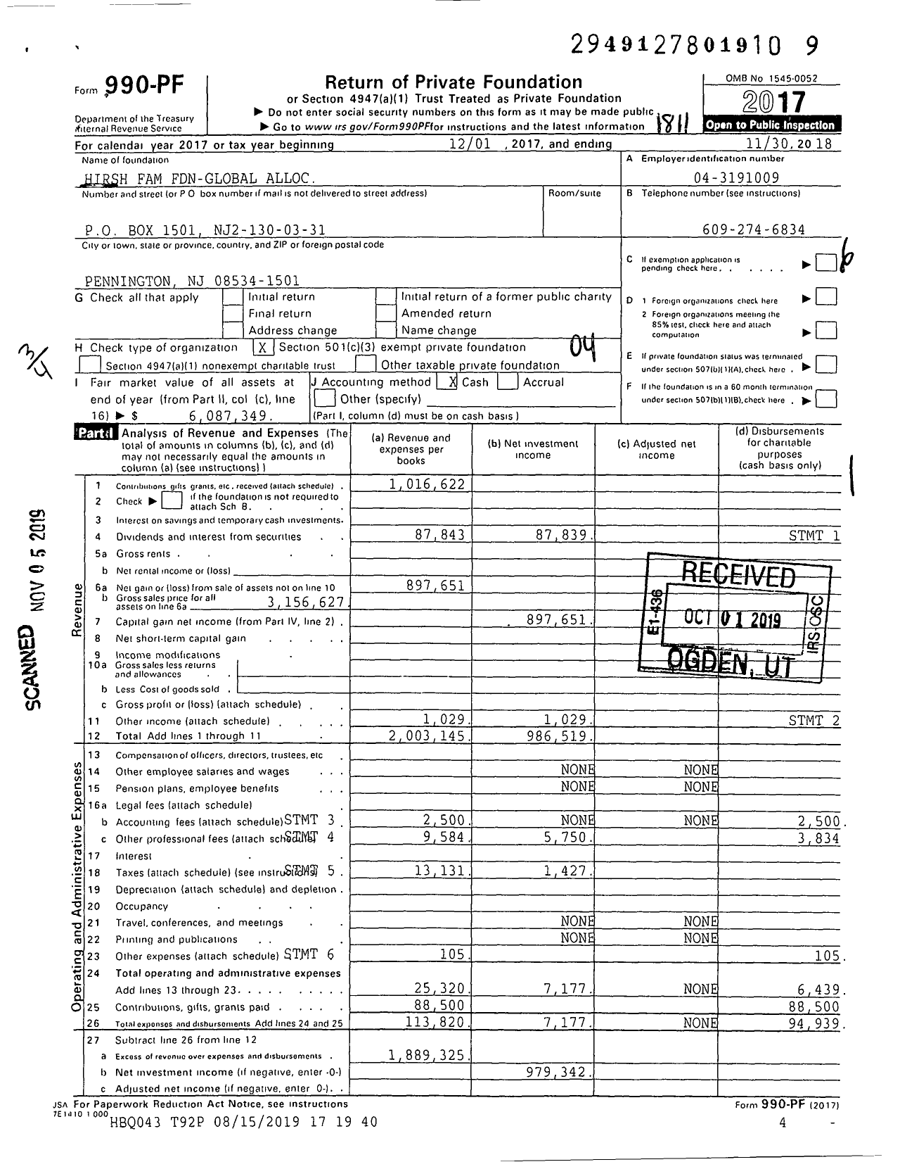 Image of first page of 2017 Form 990PF for Hirsh Family Foundation Global Alloc