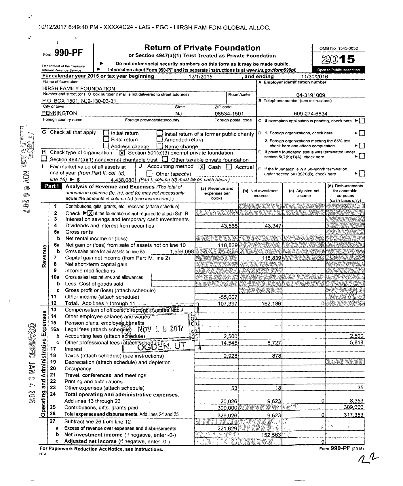 Image of first page of 2015 Form 990PF for Hirsh Family Foundation Global Alloc