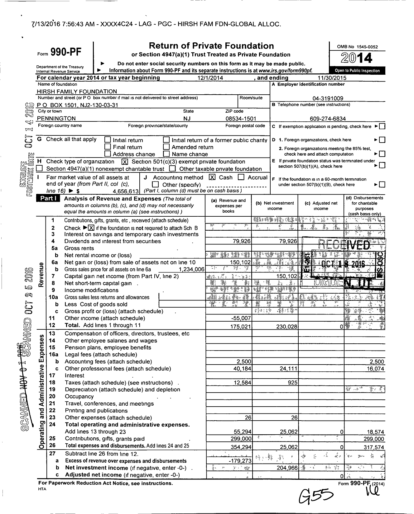 Image of first page of 2014 Form 990PF for Hirsh Family Foundation Global Alloc