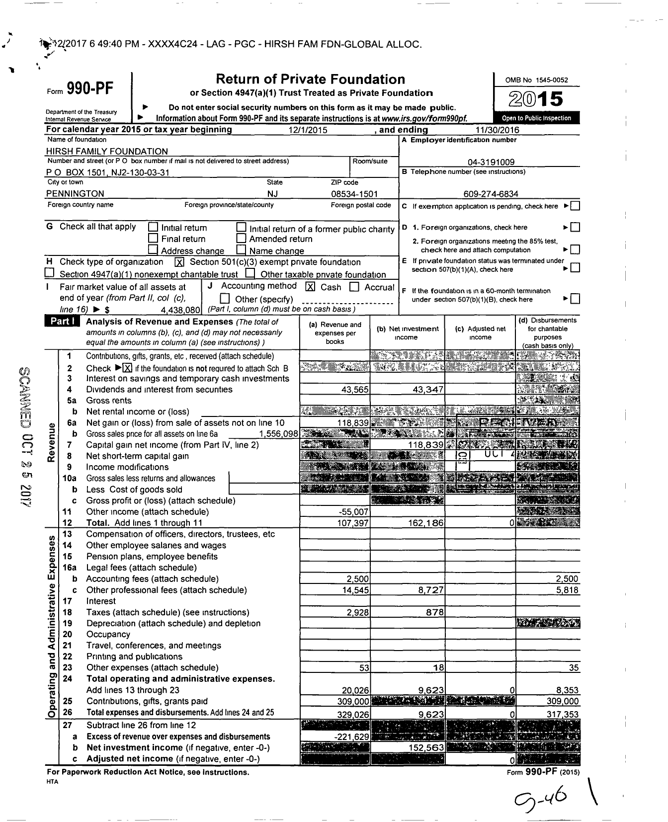 Image of first page of 2015 Form 990PF for Hirsh Family Foundation Global Alloc