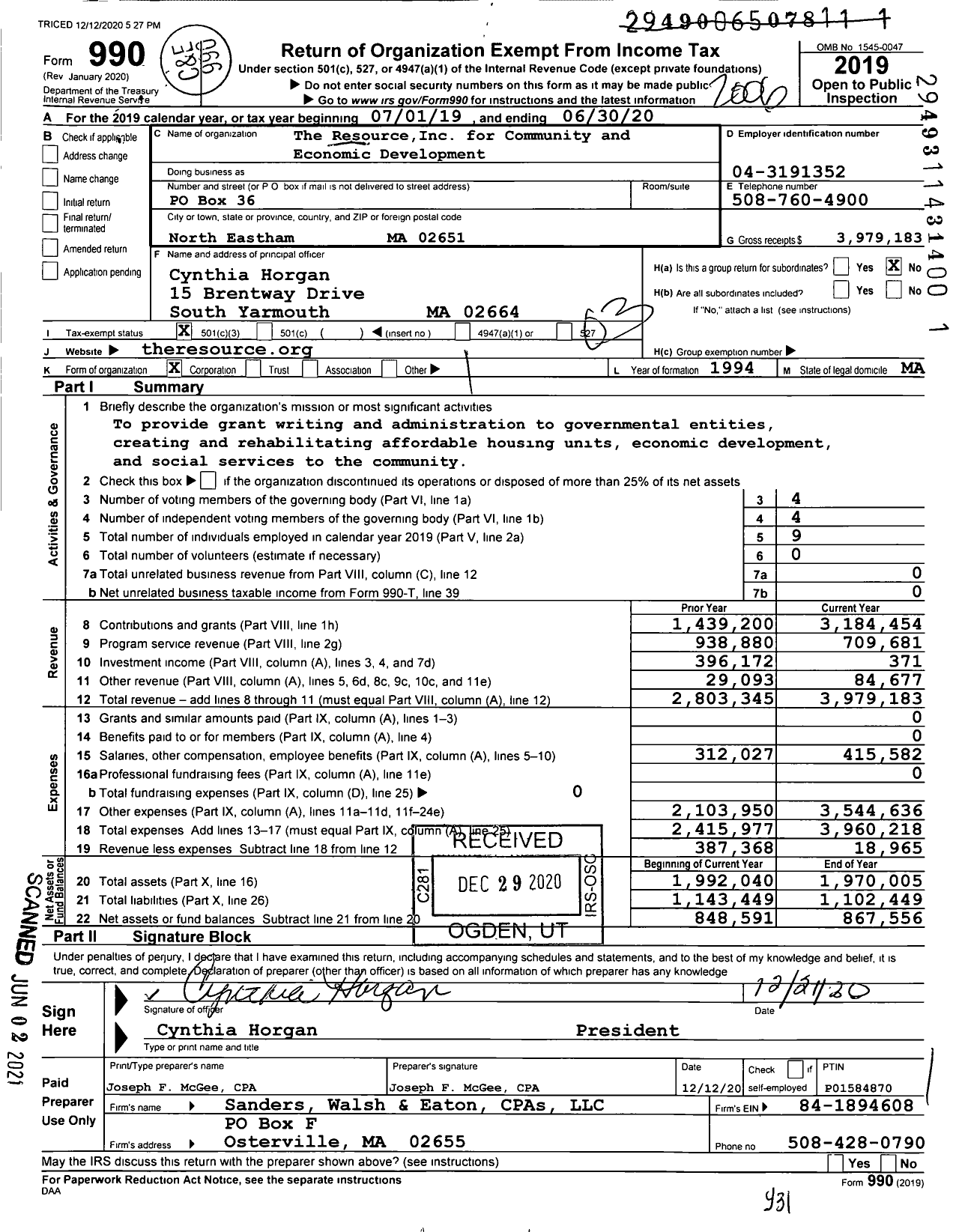 Image of first page of 2019 Form 990 for The Resourceinc for Community and Economic Development