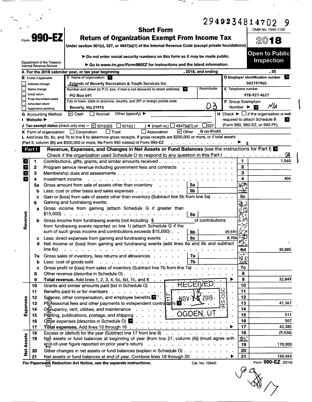 Image of first page of 2018 Form 990EZ for Friends of Beverly Recreation and Youth Services