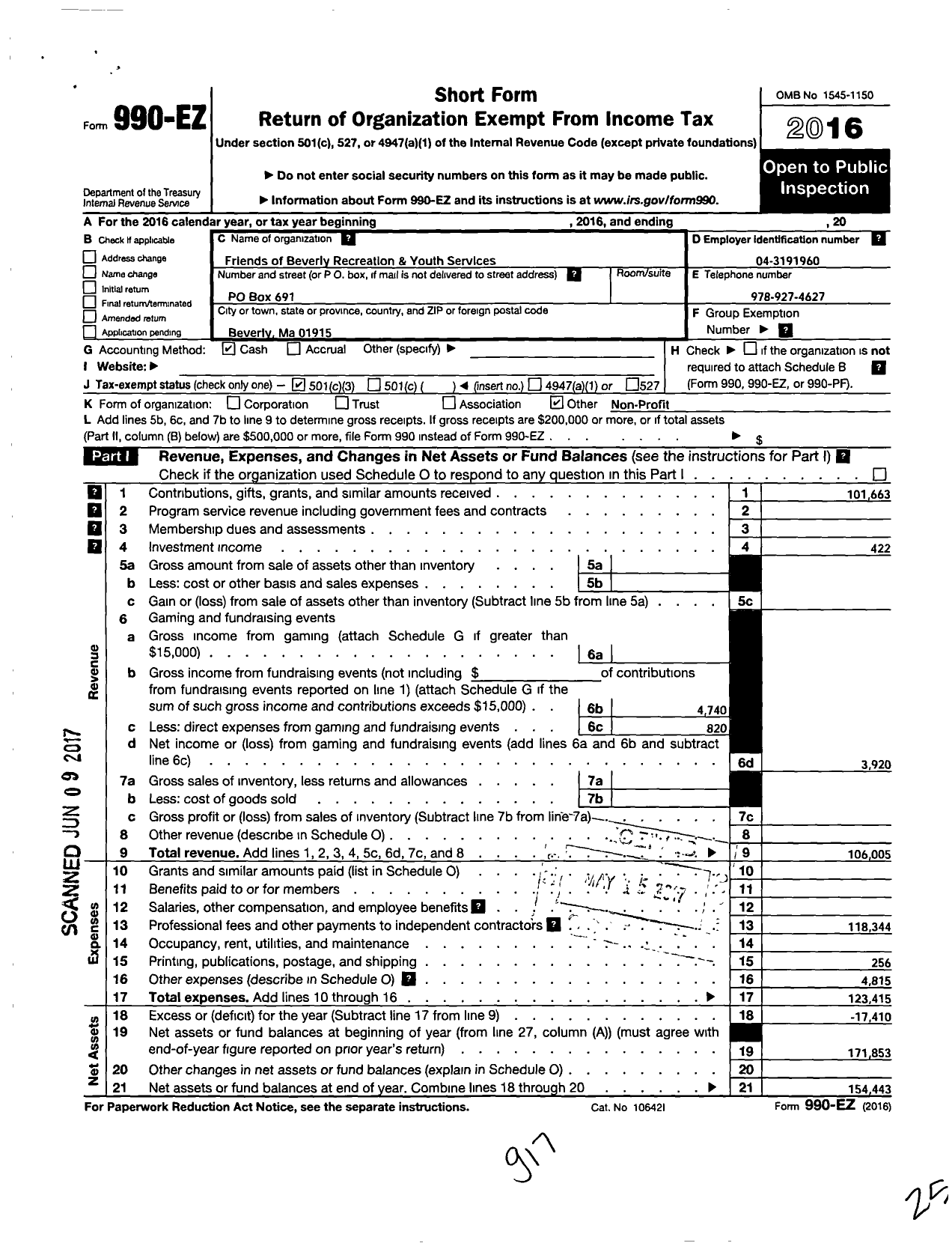 Image of first page of 2016 Form 990EZ for Friends of Beverly Recreation and Youth Services