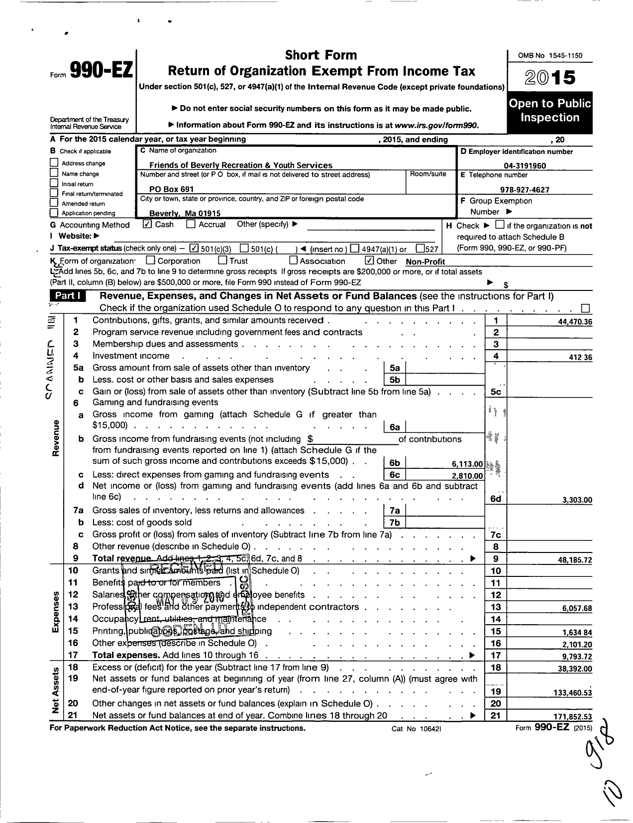 Image of first page of 2015 Form 990EZ for Friends of Beverly Recreation and Youth Services