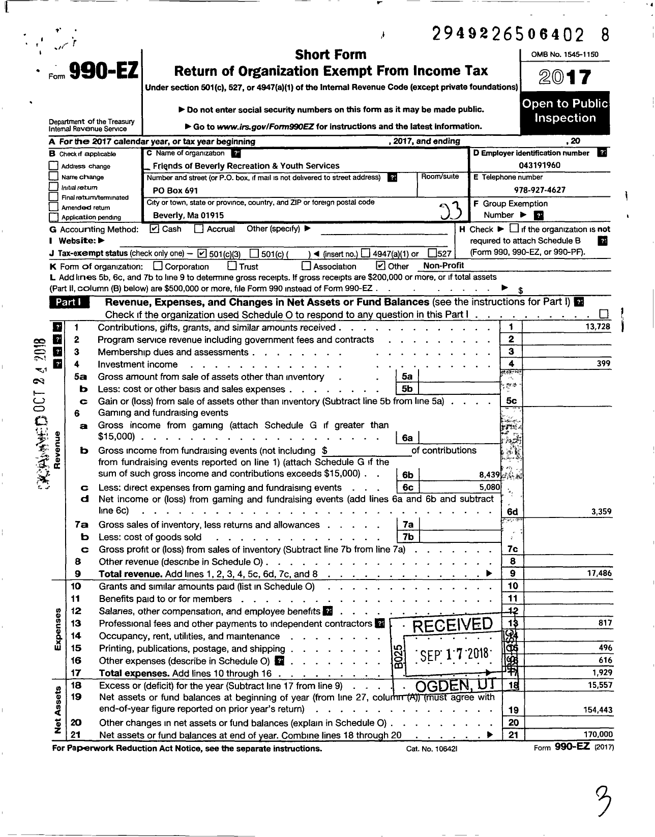 Image of first page of 2017 Form 990EZ for Friends of Beverly Recreation and Youth Services