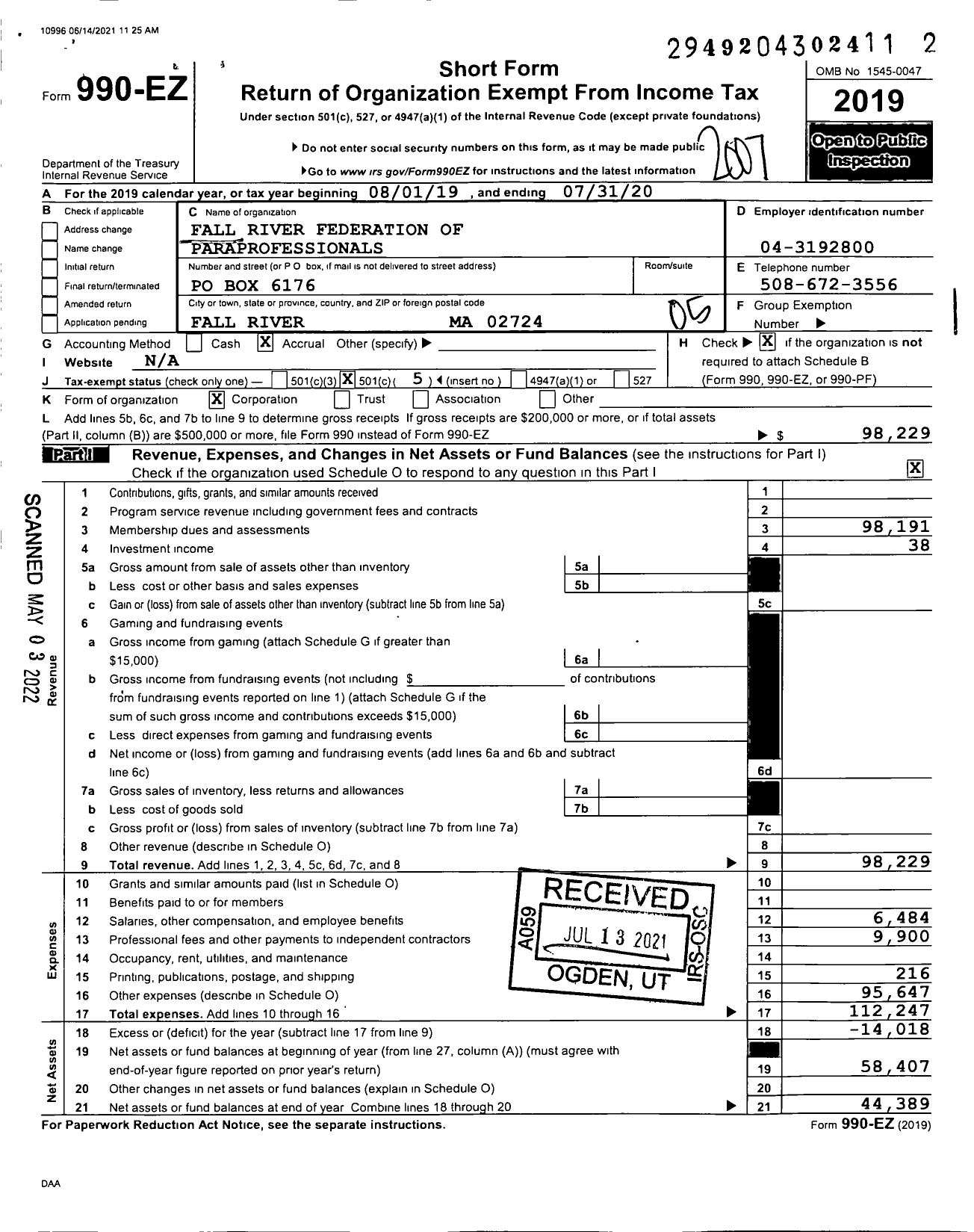 Image of first page of 2019 Form 990EO for American Federation of Teachers - 4851 Fall River Federation Paraprof