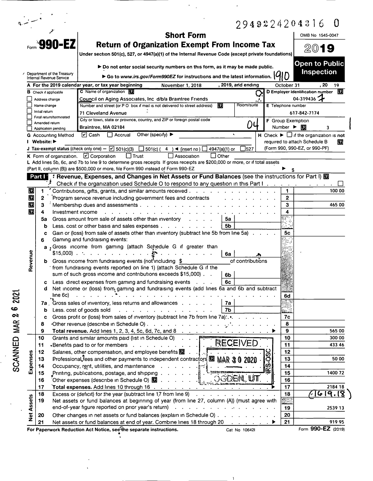 Image of first page of 2018 Form 990EO for Council on Aging Associates