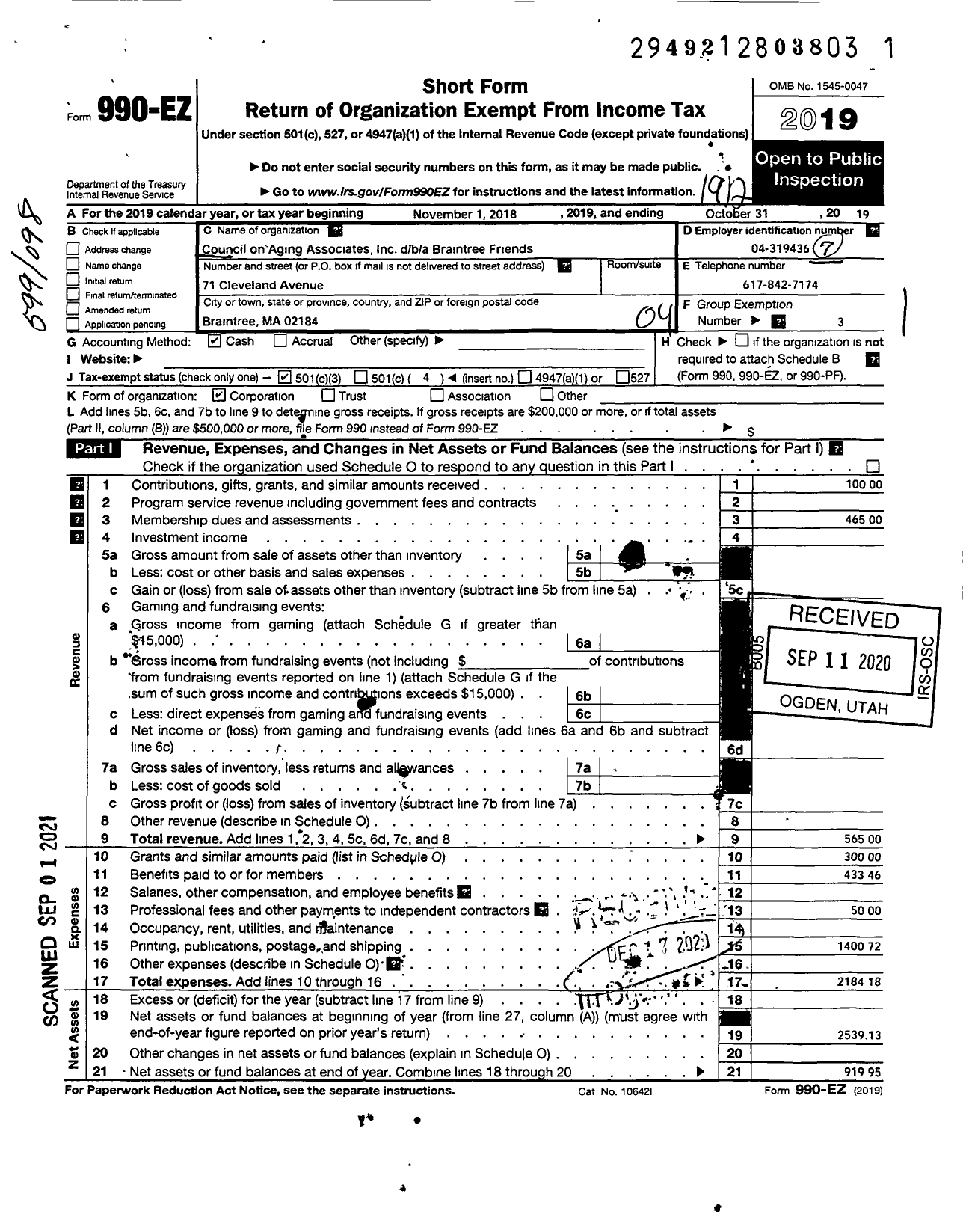 Image of first page of 2019 Form 990EO for Council on Aging Associates