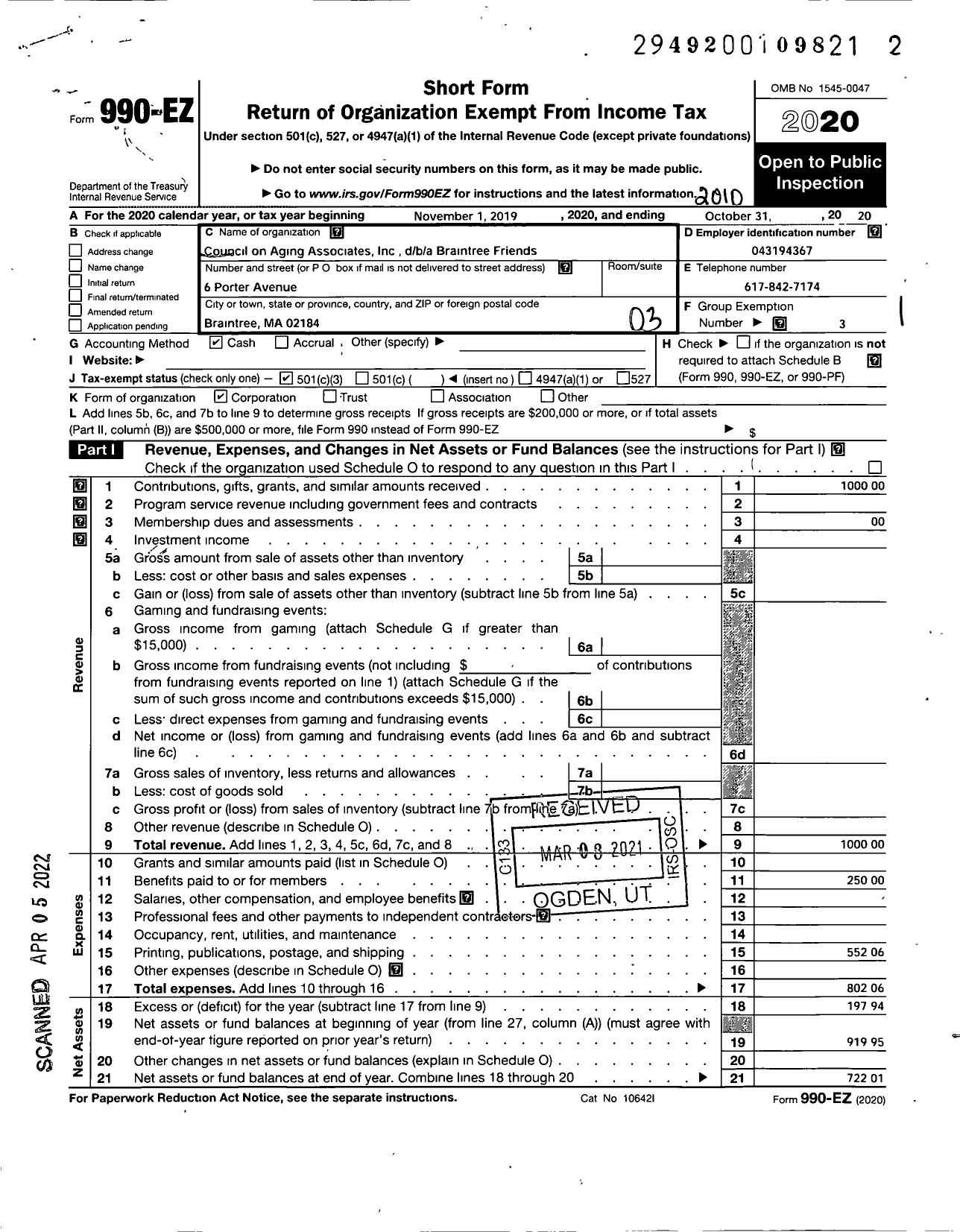 Image of first page of 2019 Form 990EZ for Council on Aging Associates