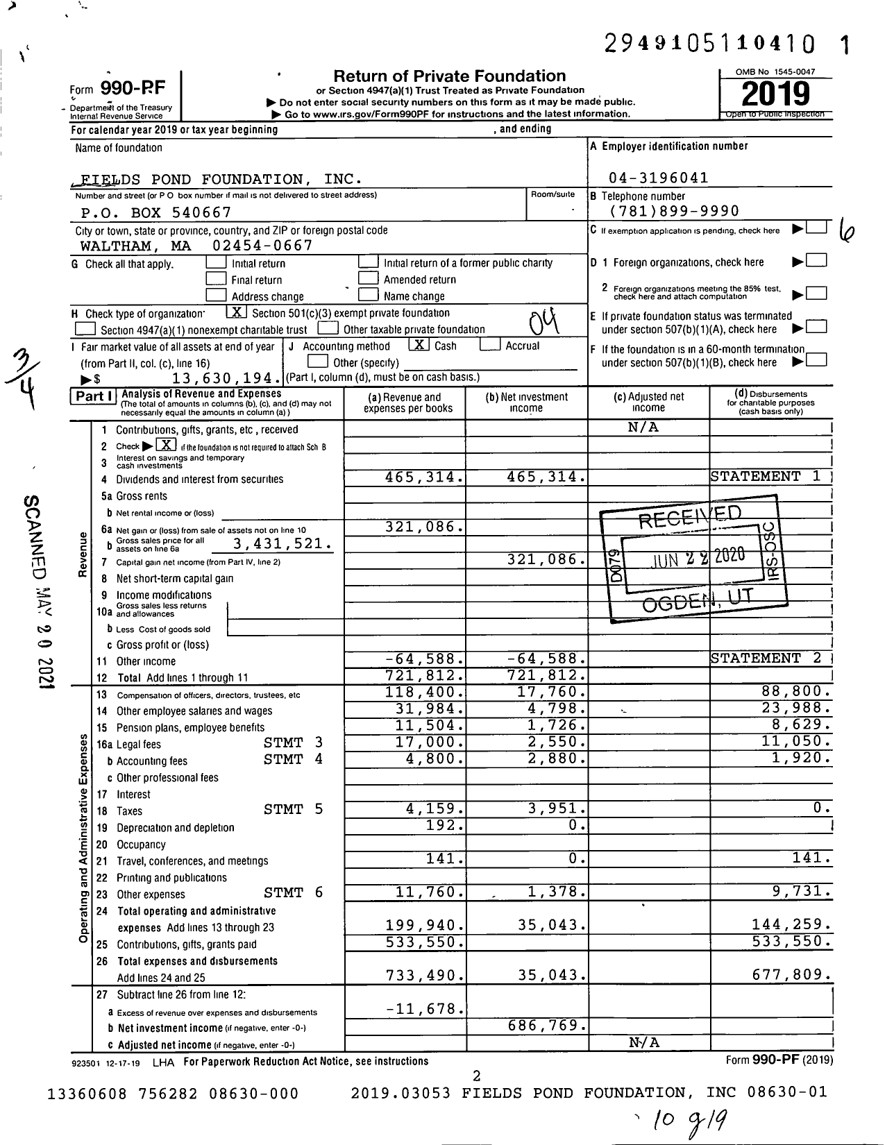 Image of first page of 2019 Form 990PF for Fields Pond Foundation