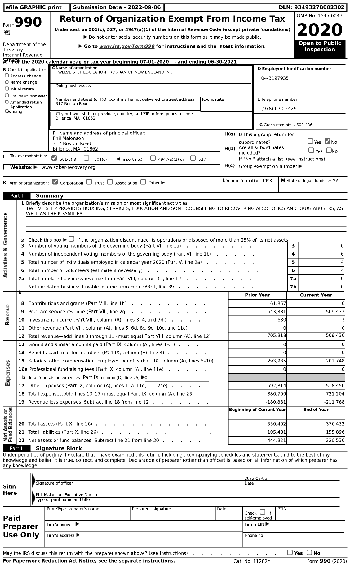 Image of first page of 2020 Form 990 for Twelve Step Education Program of New England