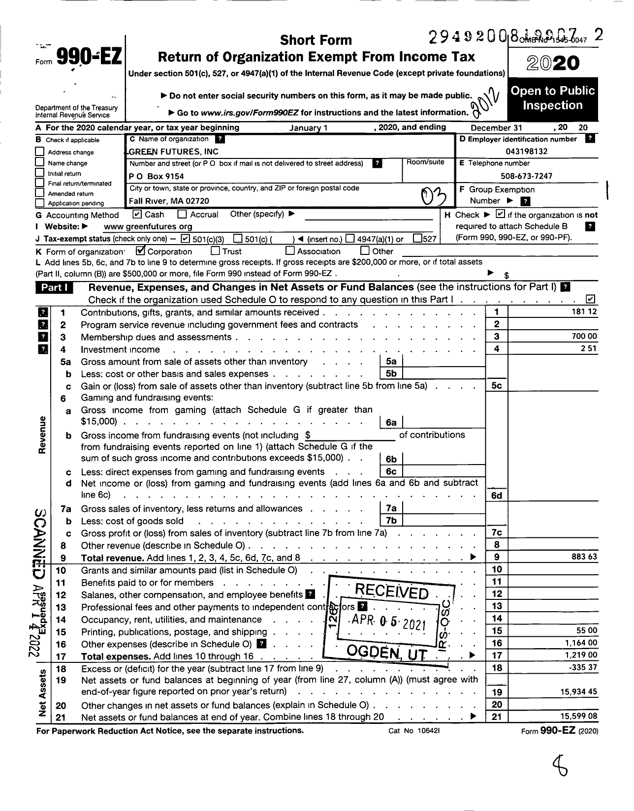 Image of first page of 2020 Form 990EZ for Green Futures