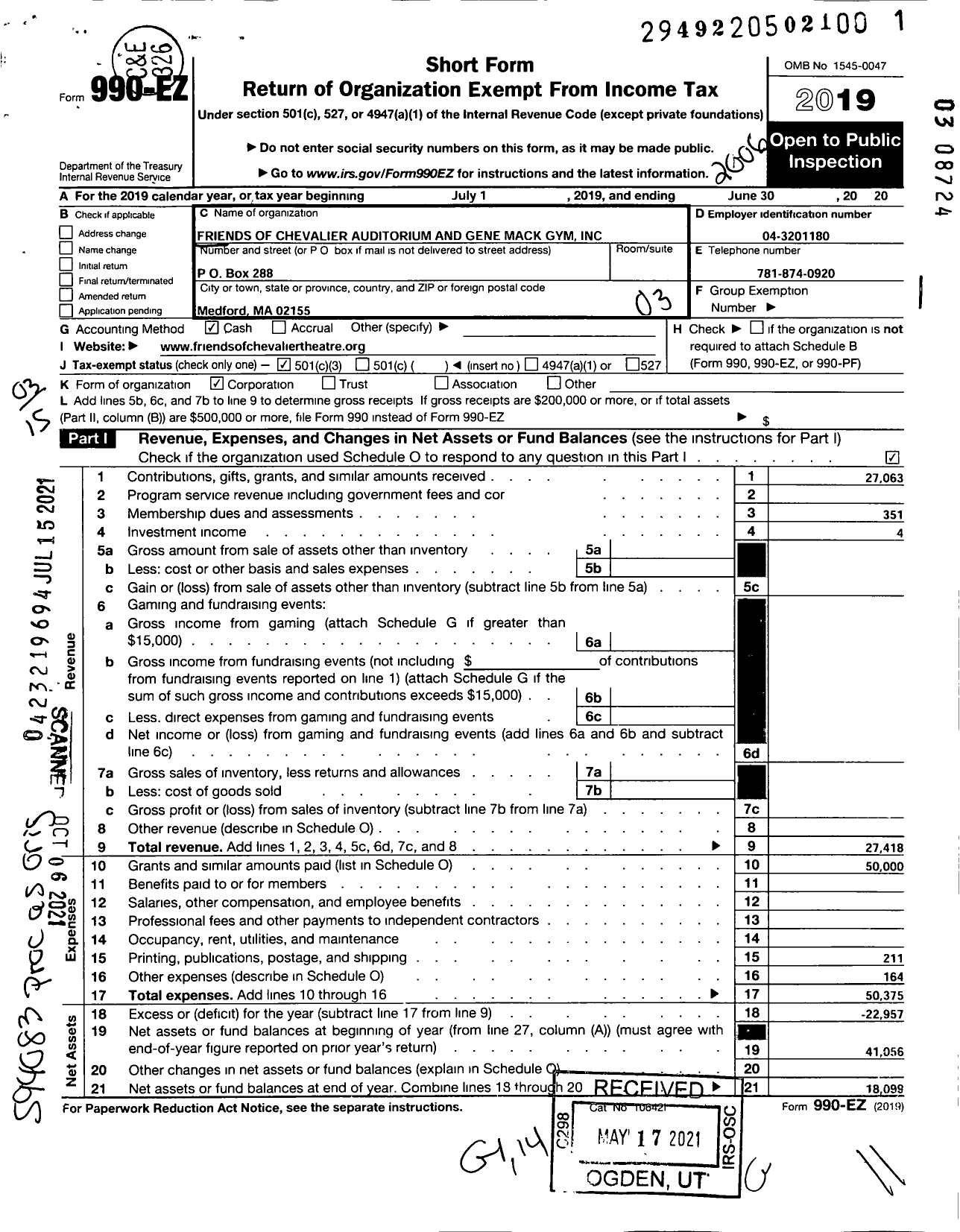 Image of first page of 2019 Form 990EZ for Friends of Chevalier Auditorium and Gene Mack Gymnasium