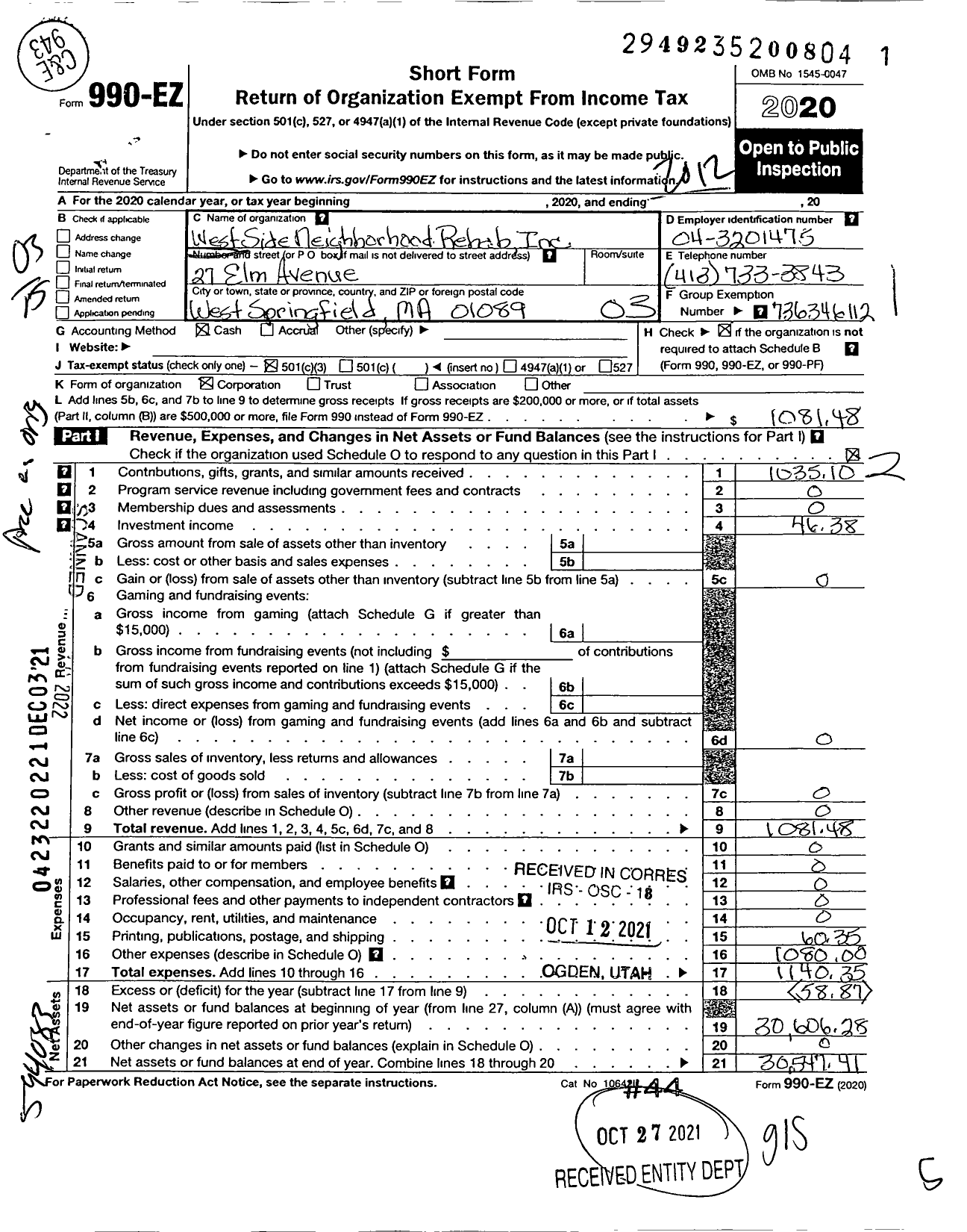 Image of first page of 2020 Form 990EZ for West Side Neighborhood Re-Hab