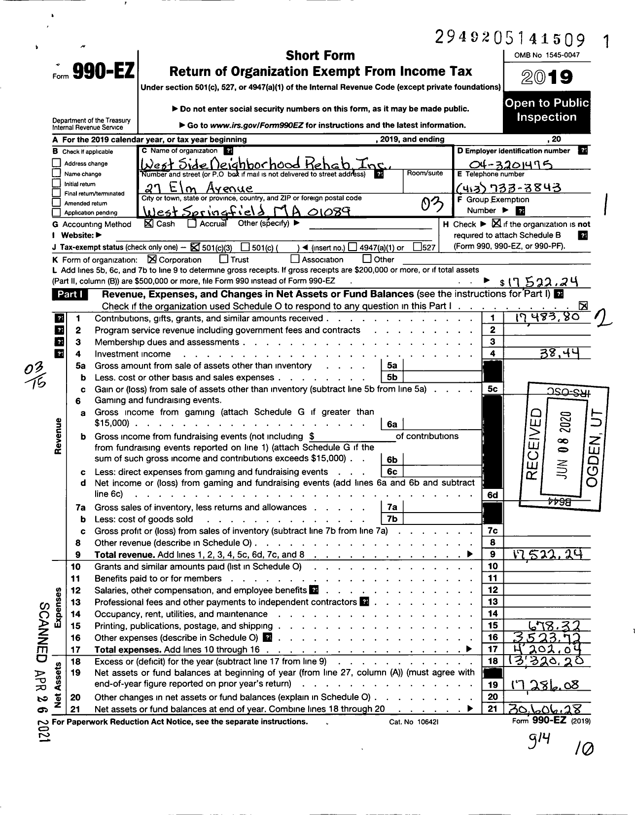 Image of first page of 2019 Form 990EZ for West Side Neighborhood Re-Hab