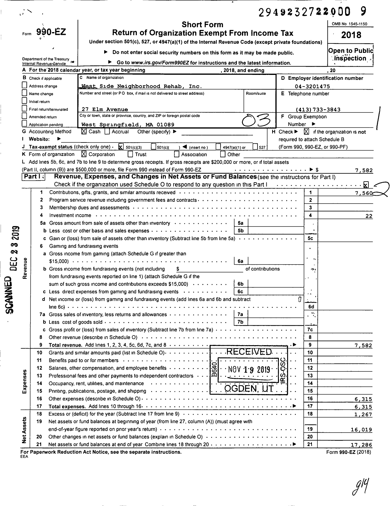 Image of first page of 2018 Form 990EZ for West Side Neighborhood Re-Hab