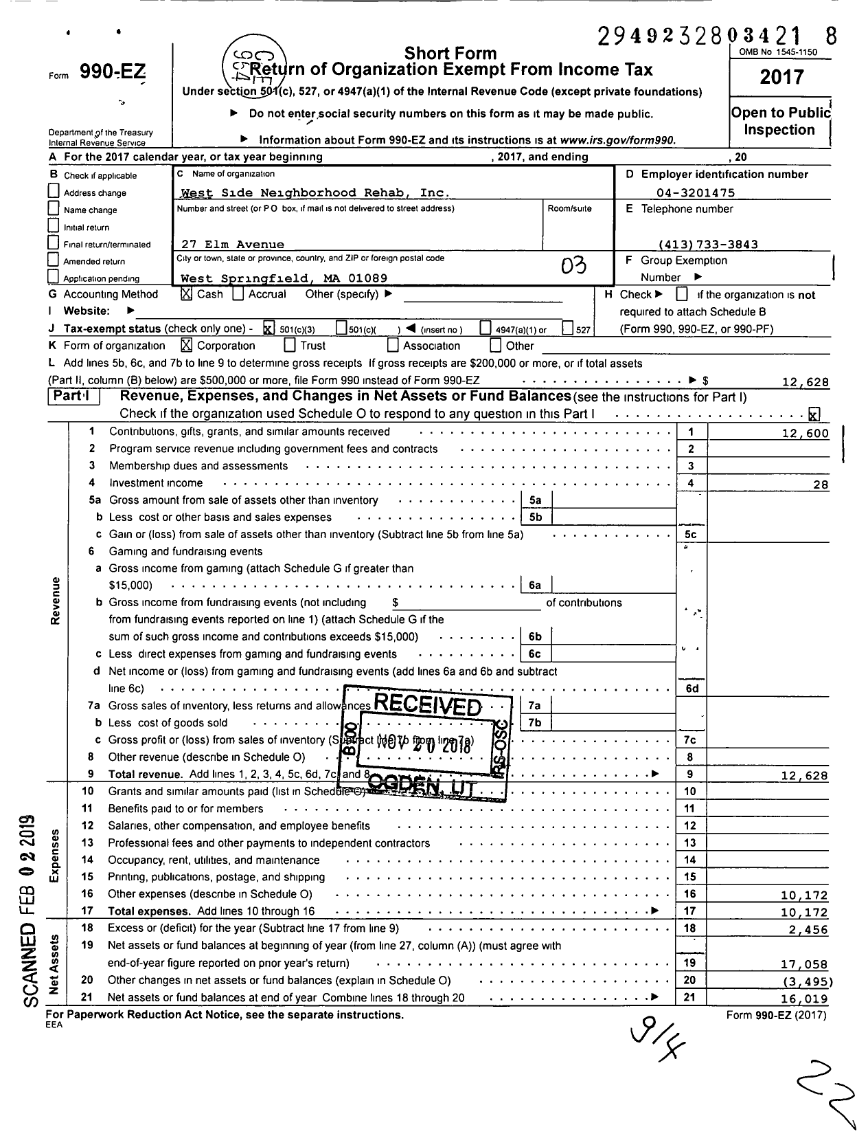 Image of first page of 2017 Form 990EZ for West Side Neighborhood Re-Hab