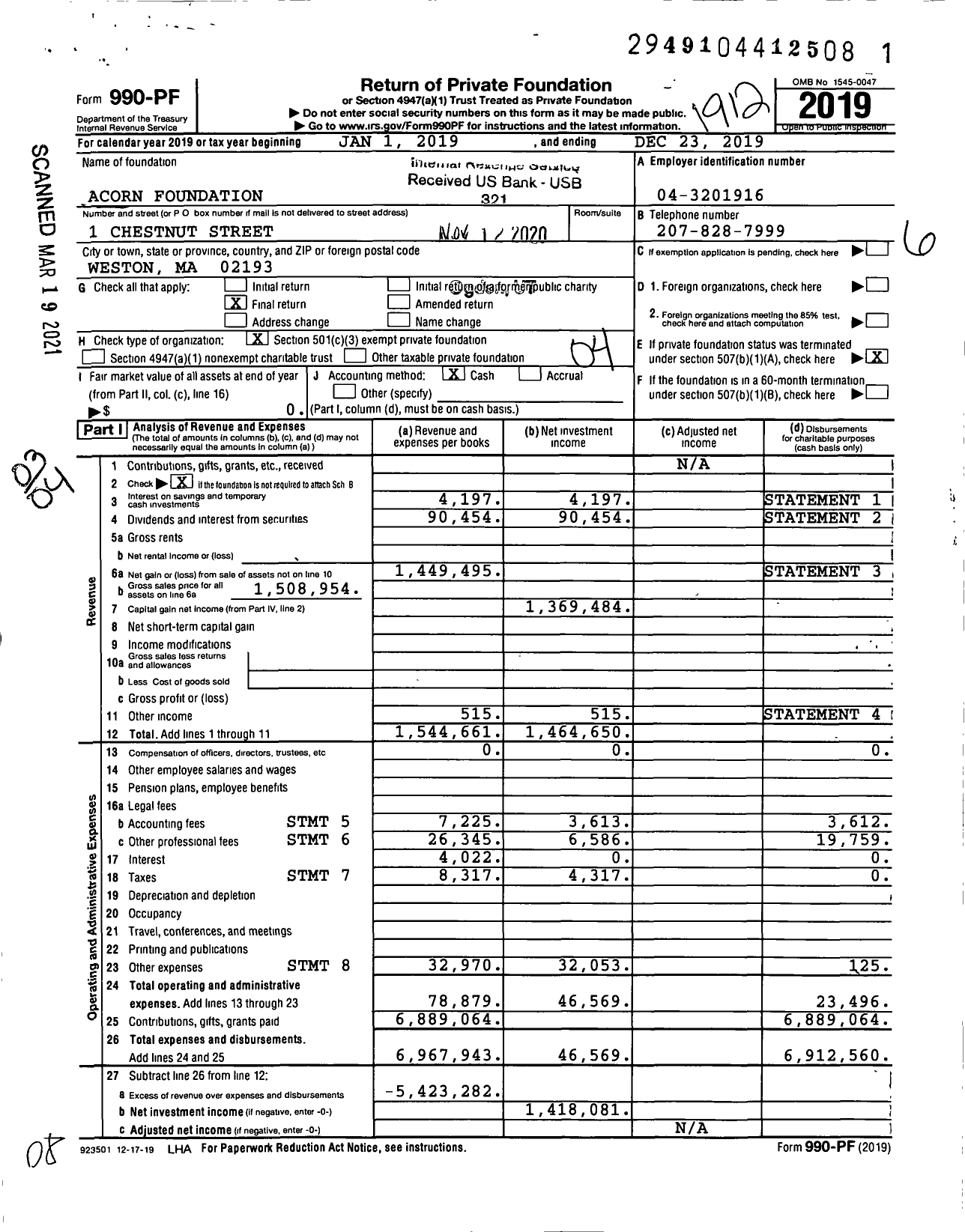 Image of first page of 2019 Form 990PF for Acorn Foundation