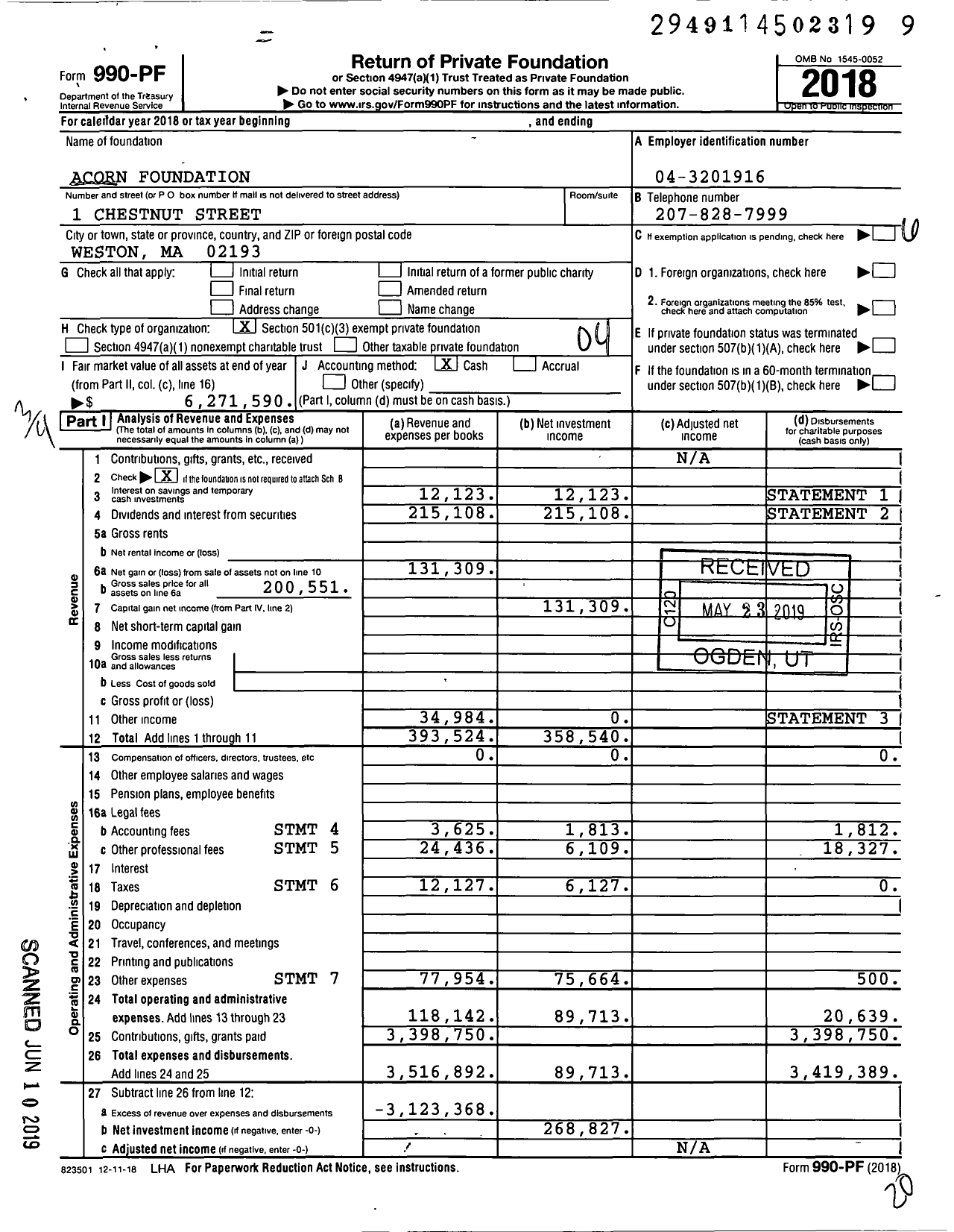 Image of first page of 2018 Form 990PF for Acorn Foundation