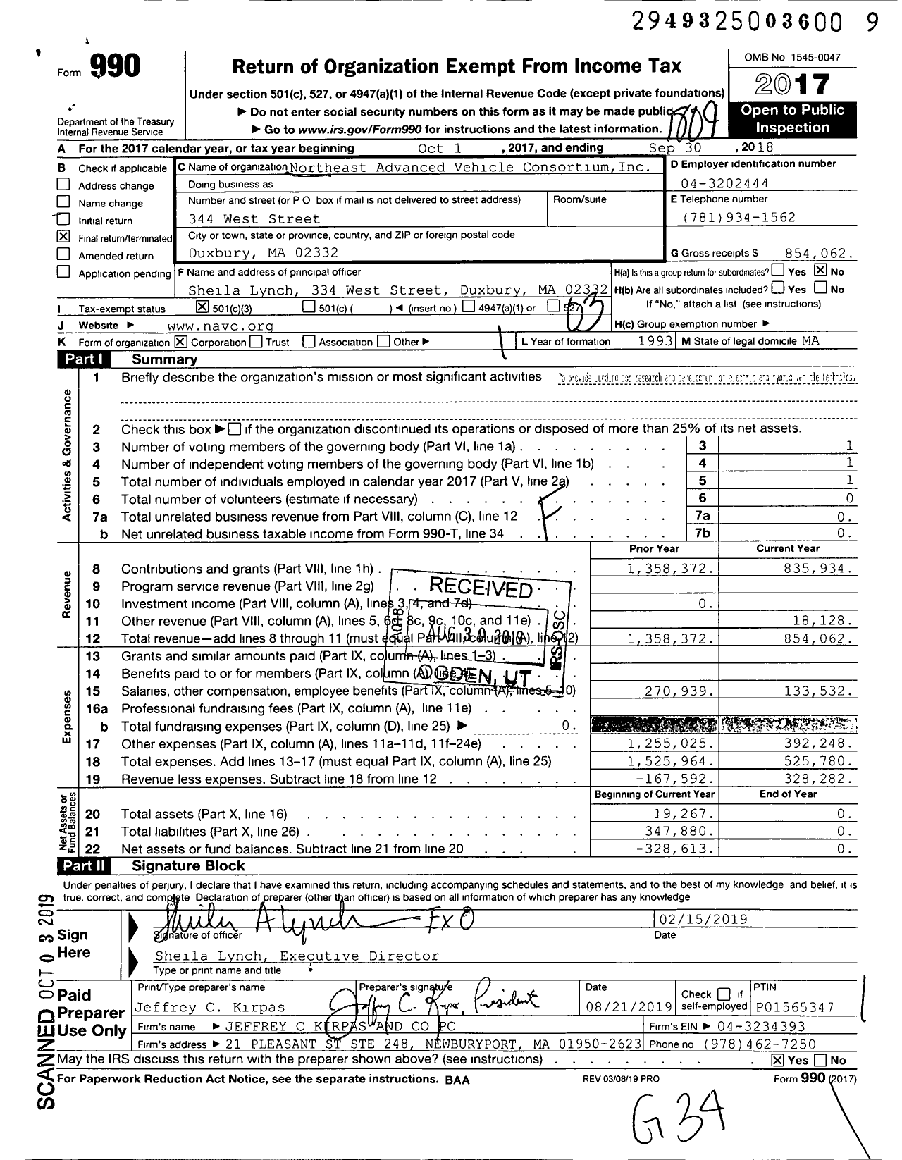 Image of first page of 2017 Form 990 for Northeast Advanced Vehicle Consortium (NAVC)