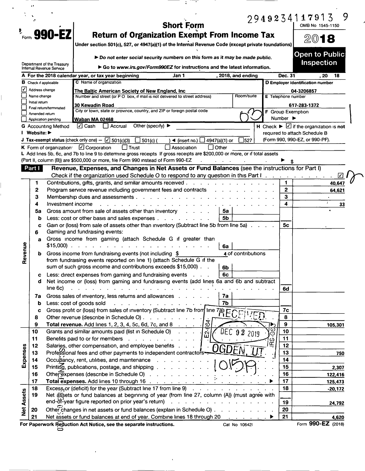 Image of first page of 2018 Form 990EZ for Baltic American Society of New England