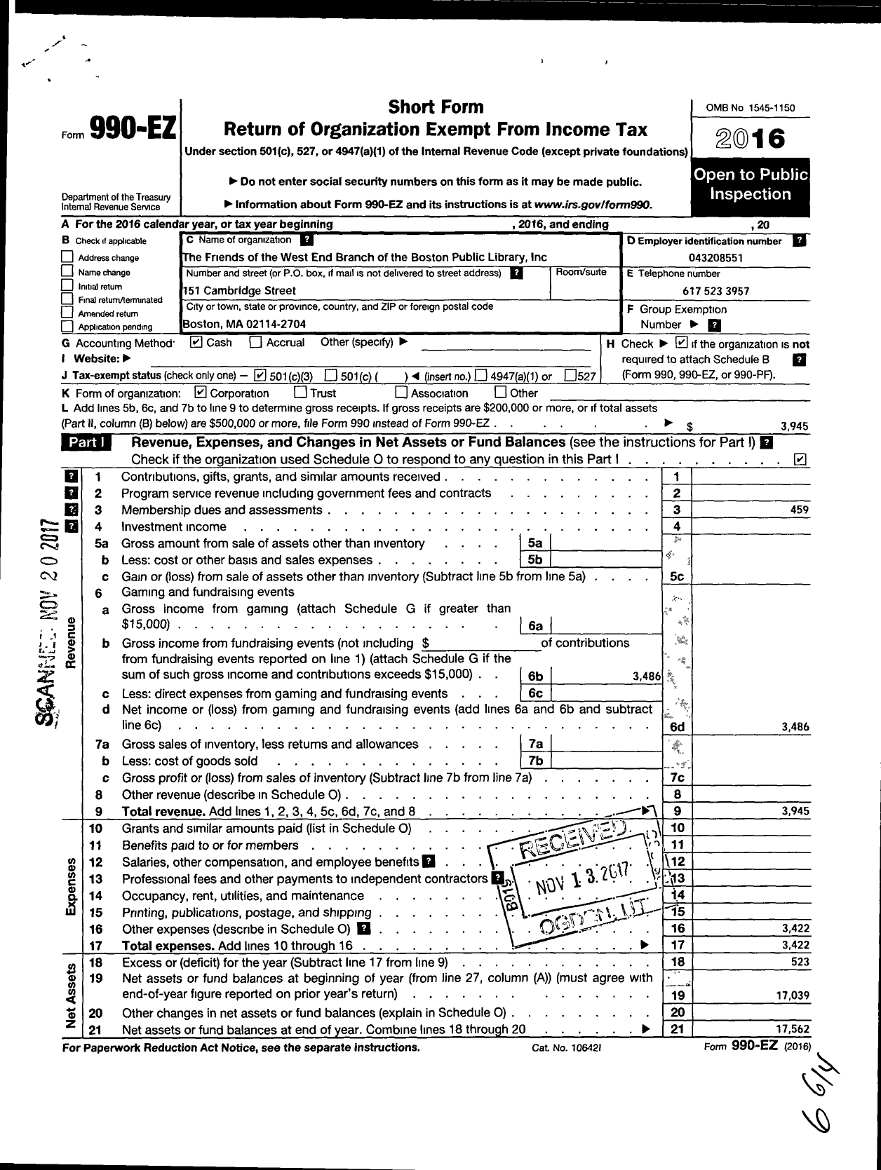 Image of first page of 2016 Form 990EZ for Friends of the West End Branch of the Boston Public Library