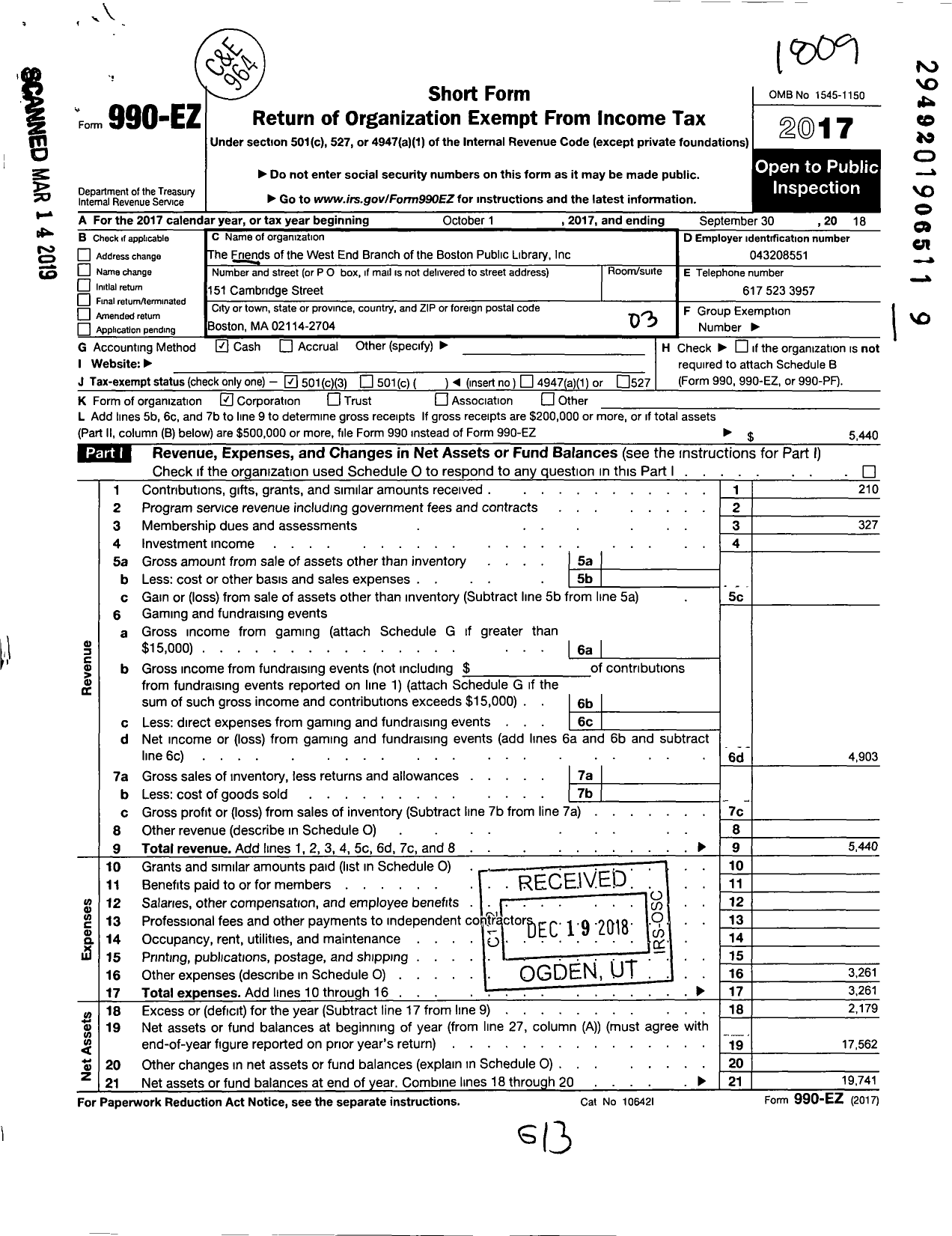 Image of first page of 2017 Form 990EZ for Friends of the West End Branch of the Boston Public Library