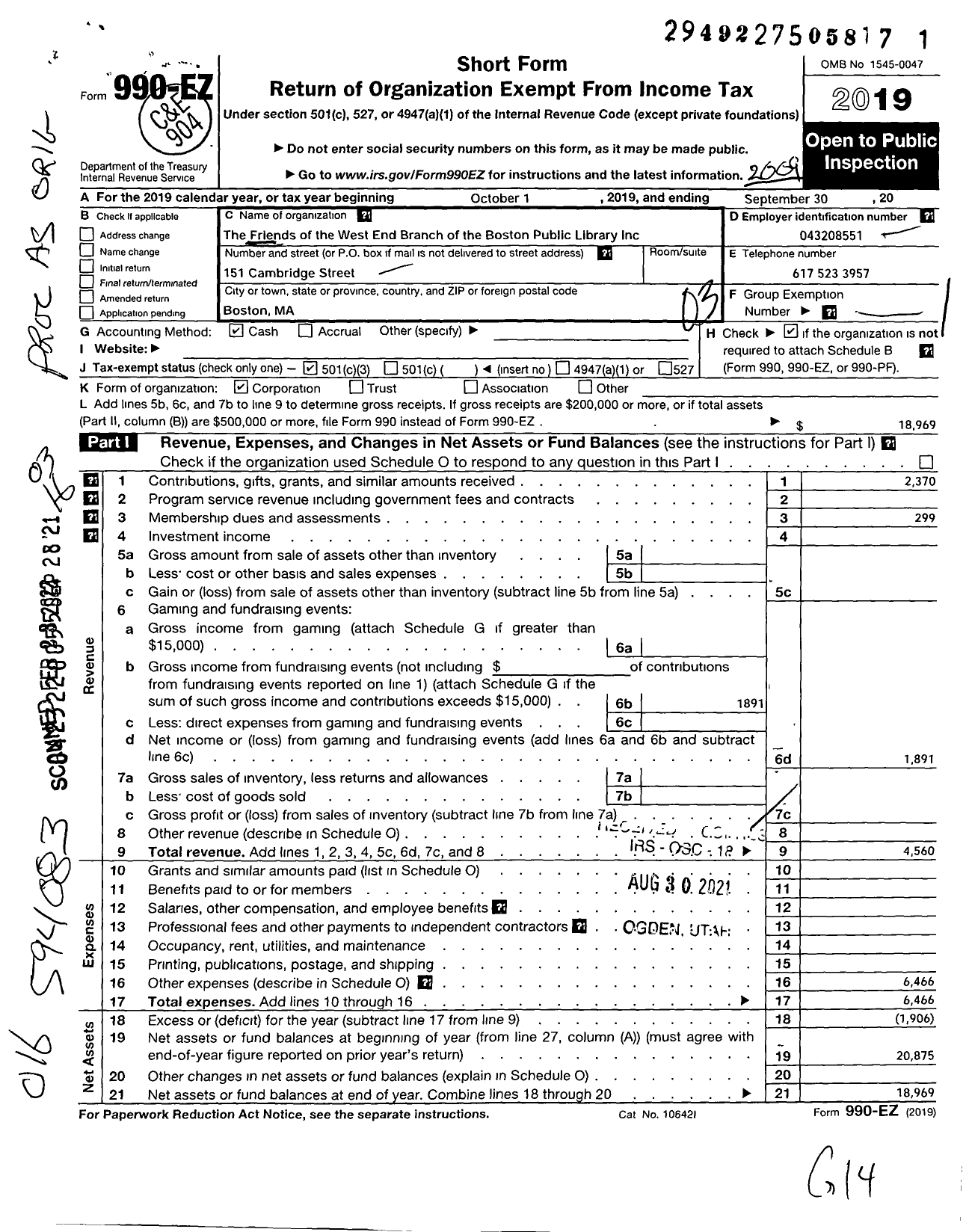 Image of first page of 2019 Form 990EZ for Friends of the West End Branch of the Boston Public Library