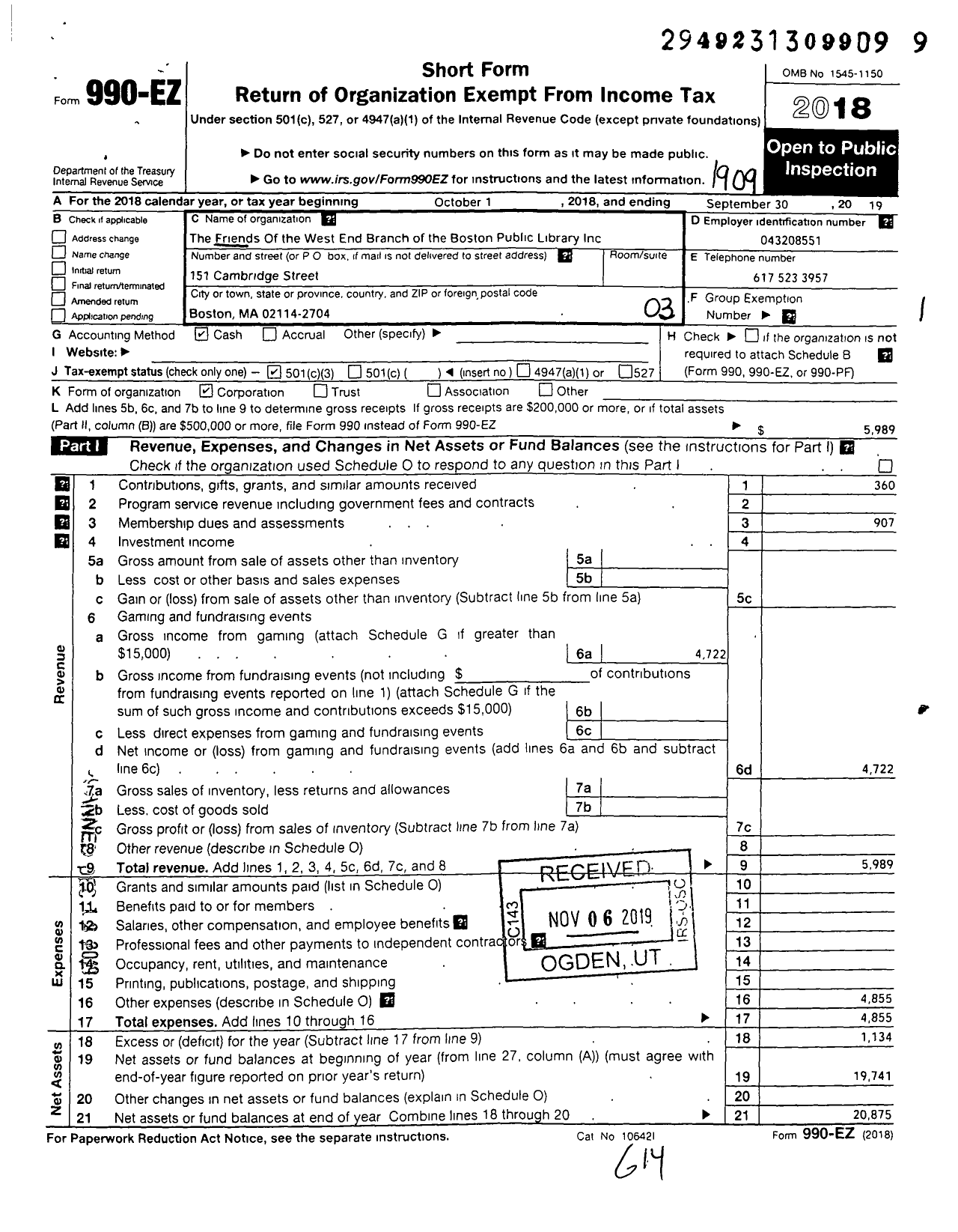 Image of first page of 2018 Form 990EZ for Friends of the West End Branch of the Boston Public Library